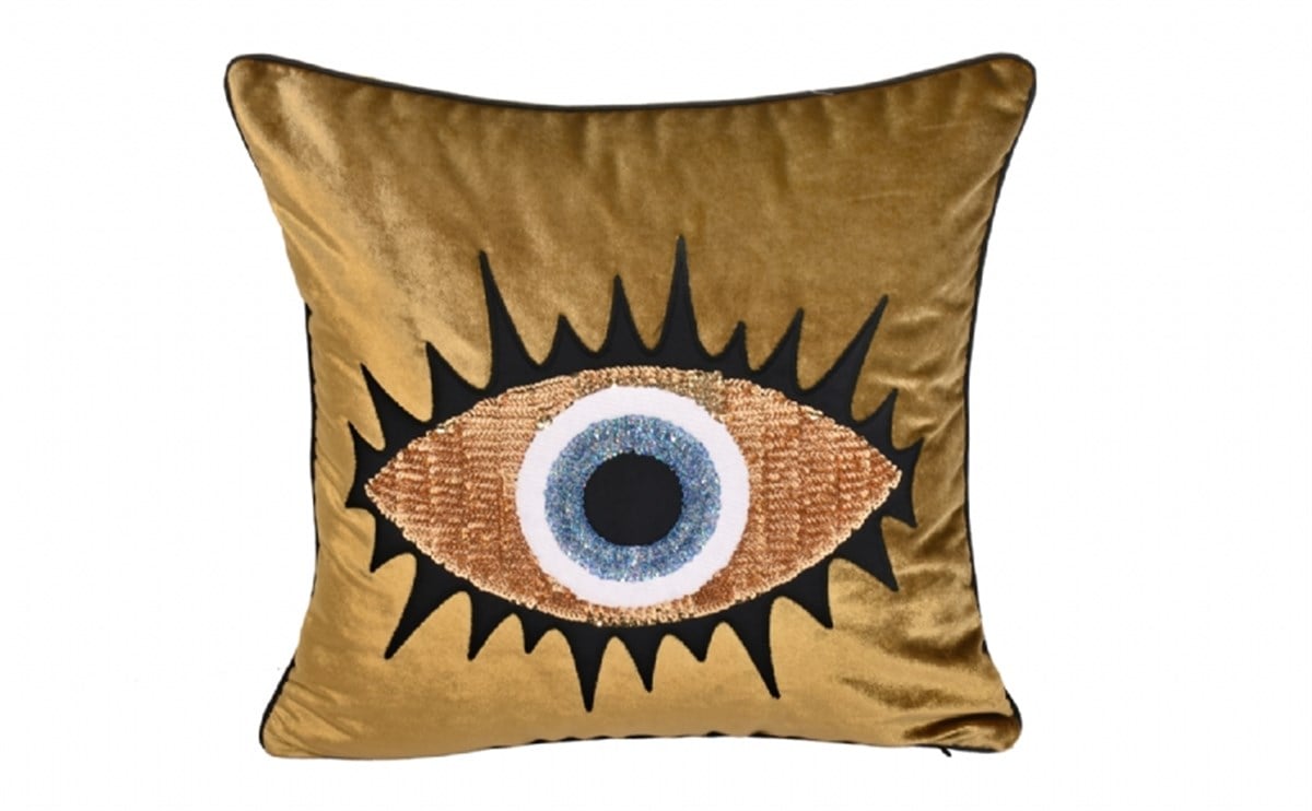 Dekoratif Kirpikli Göz Desenli Pullu Gold Kadife Kırlent Kılıfı 45 X 45 Cm - 1