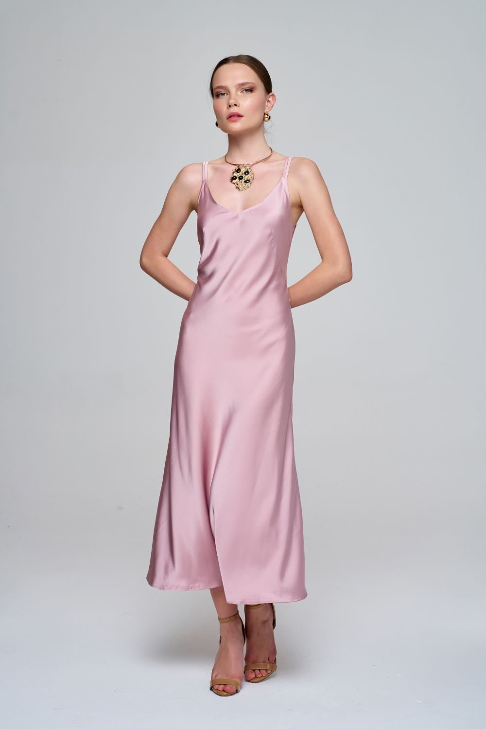 Çift Taraflı Saten Somon/Pudra Pembesi Elbise - 0