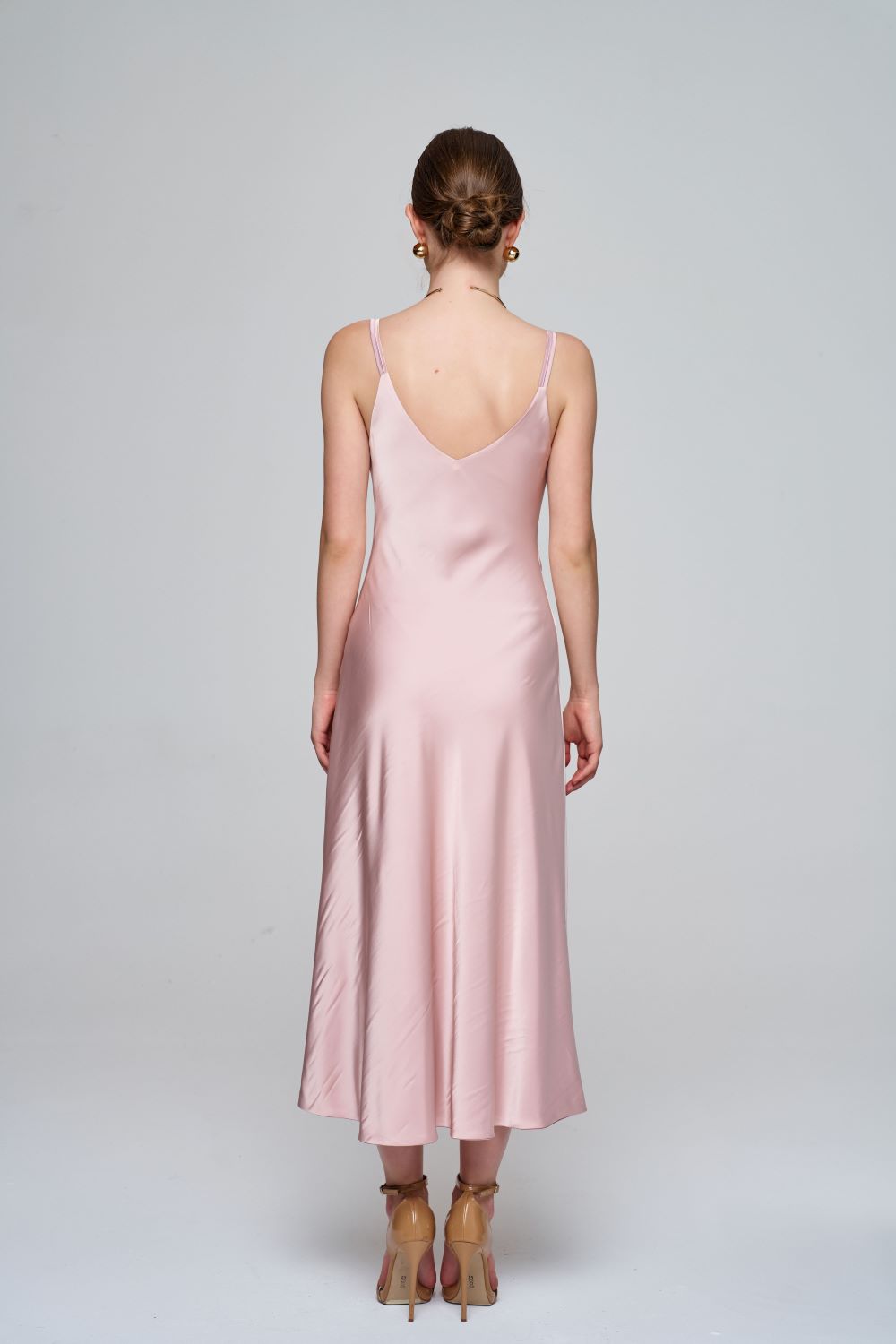 Çift Taraflı Saten Somon/Pudra Pembesi Elbise - 3