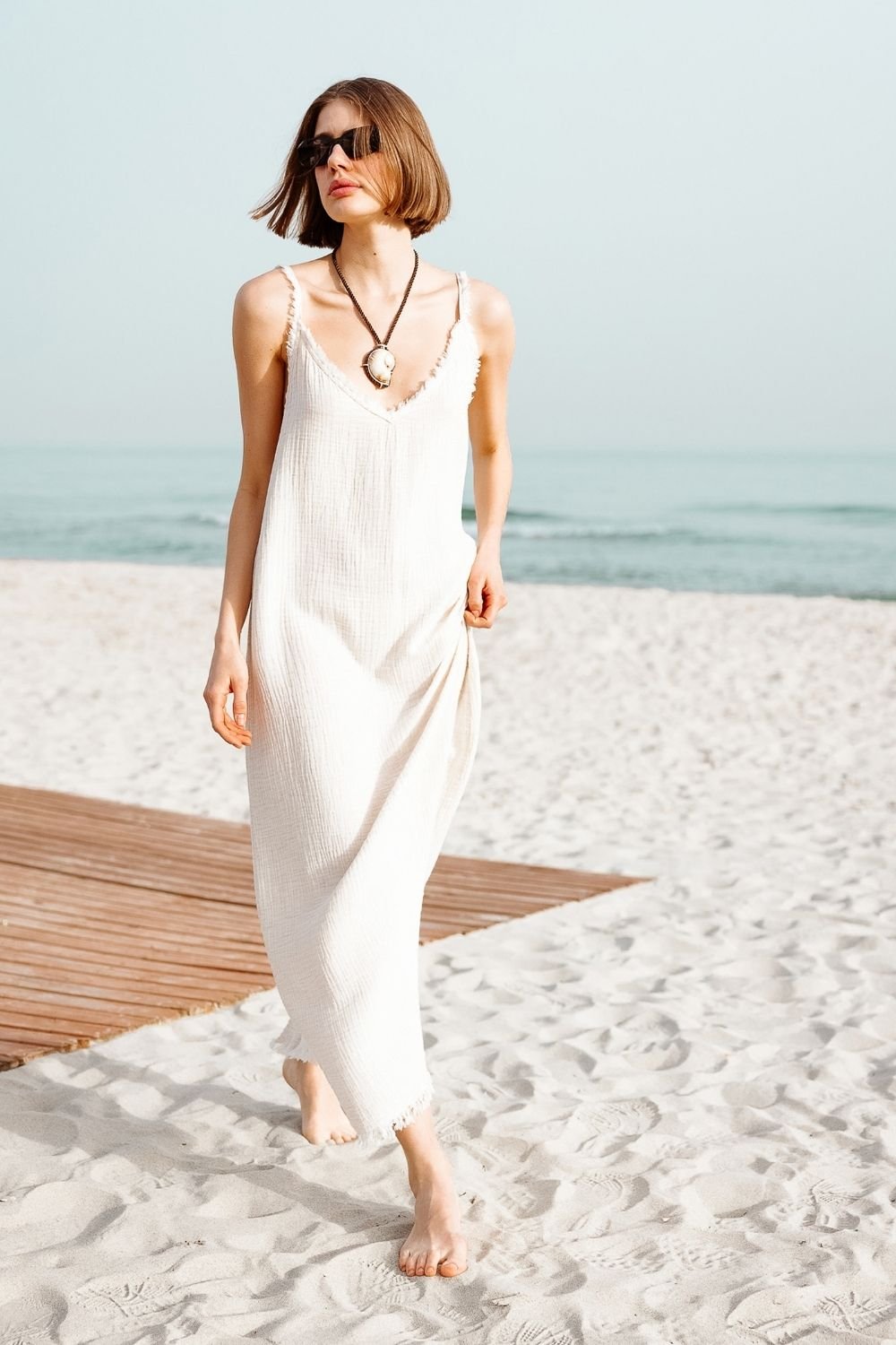 Crinkle Linen İp Askılı Elbise - 6
