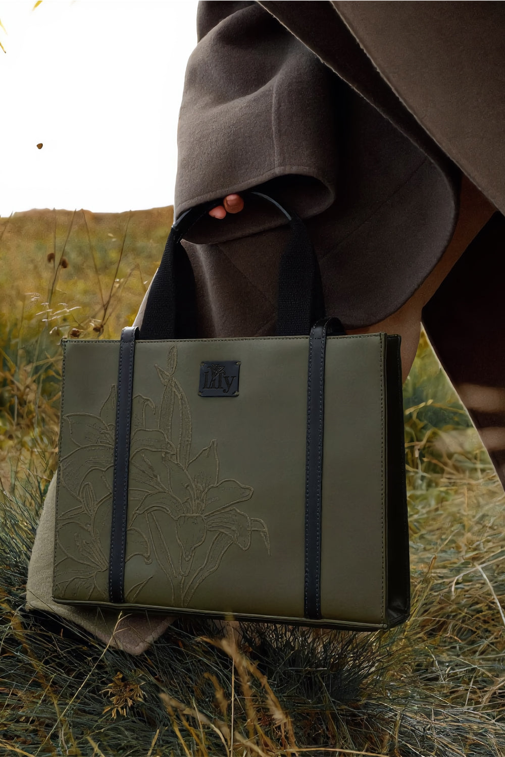 Embroidered Khaki Leather Tote - 0