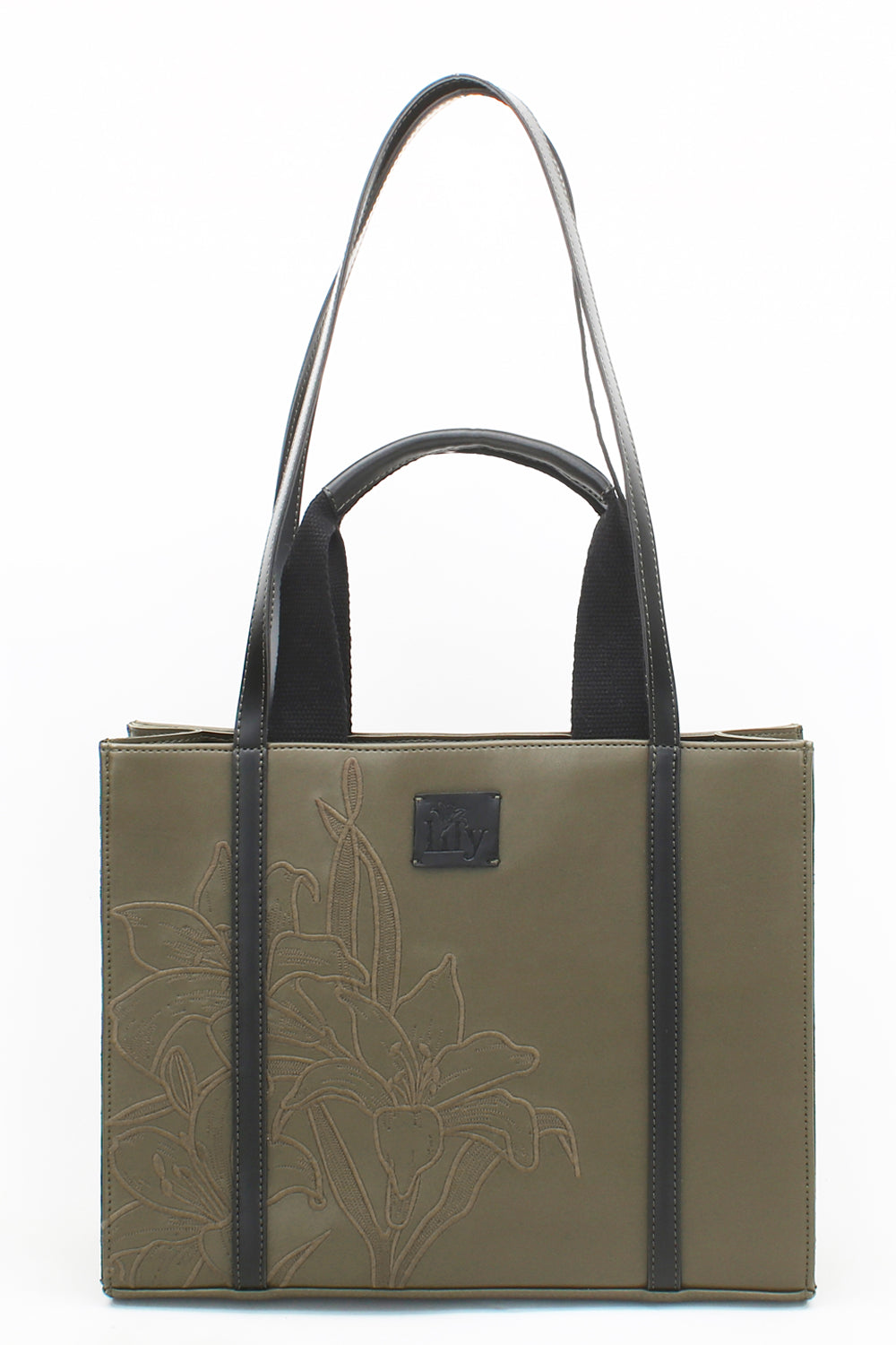 Embroidered Khaki Leather Tote - 1