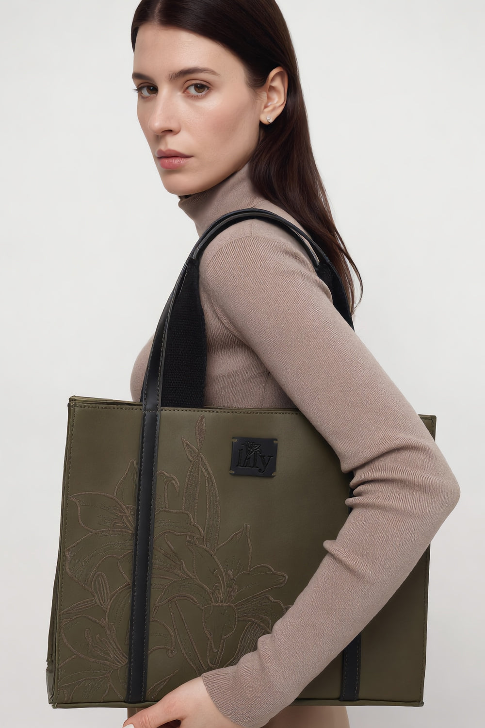 Embroidered Khaki Leather Tote - 2