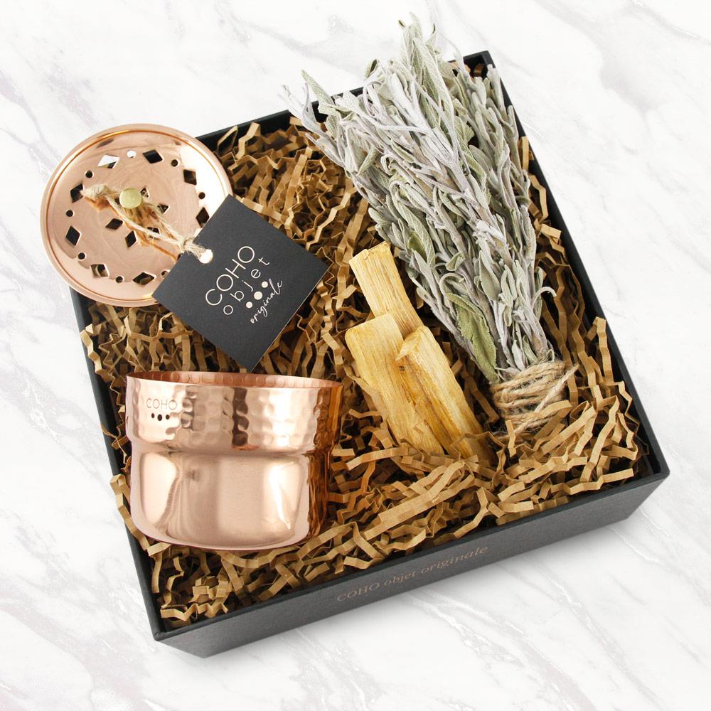 Coho Box Lux Dövme Bakır Mini Tütsülük & Adaçayı & 3 Palo Santo Hediye Seti - 0