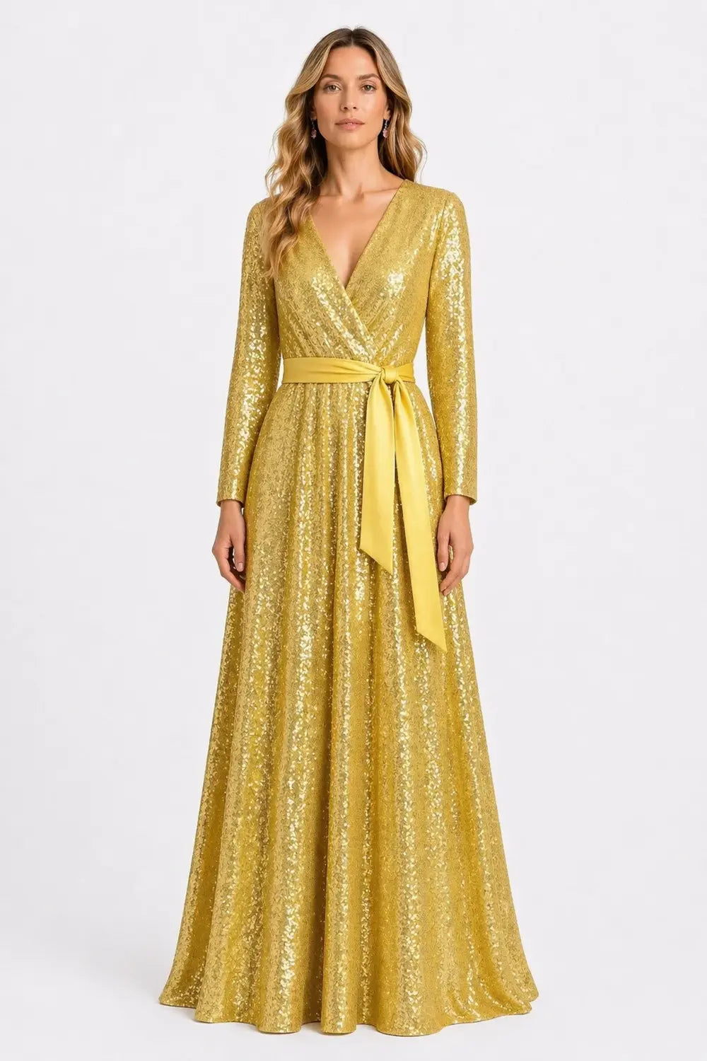 Kruvaze Kapamalı & Kuşaklı Gold Sarı Payet Maxi Şık Elbise - 1