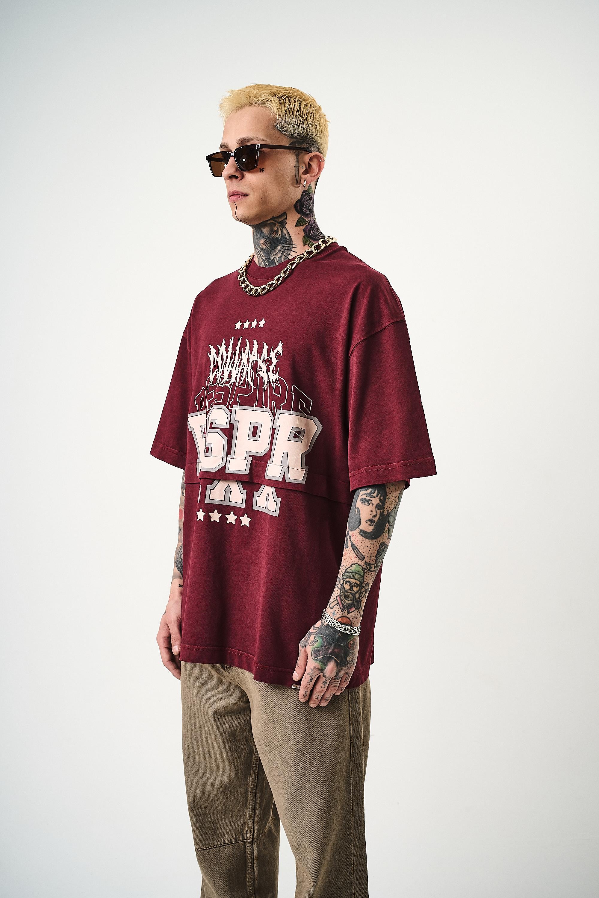 Erkek Respire Baskılı Yıkamalı Oversize T-Shirt Bordo - 1