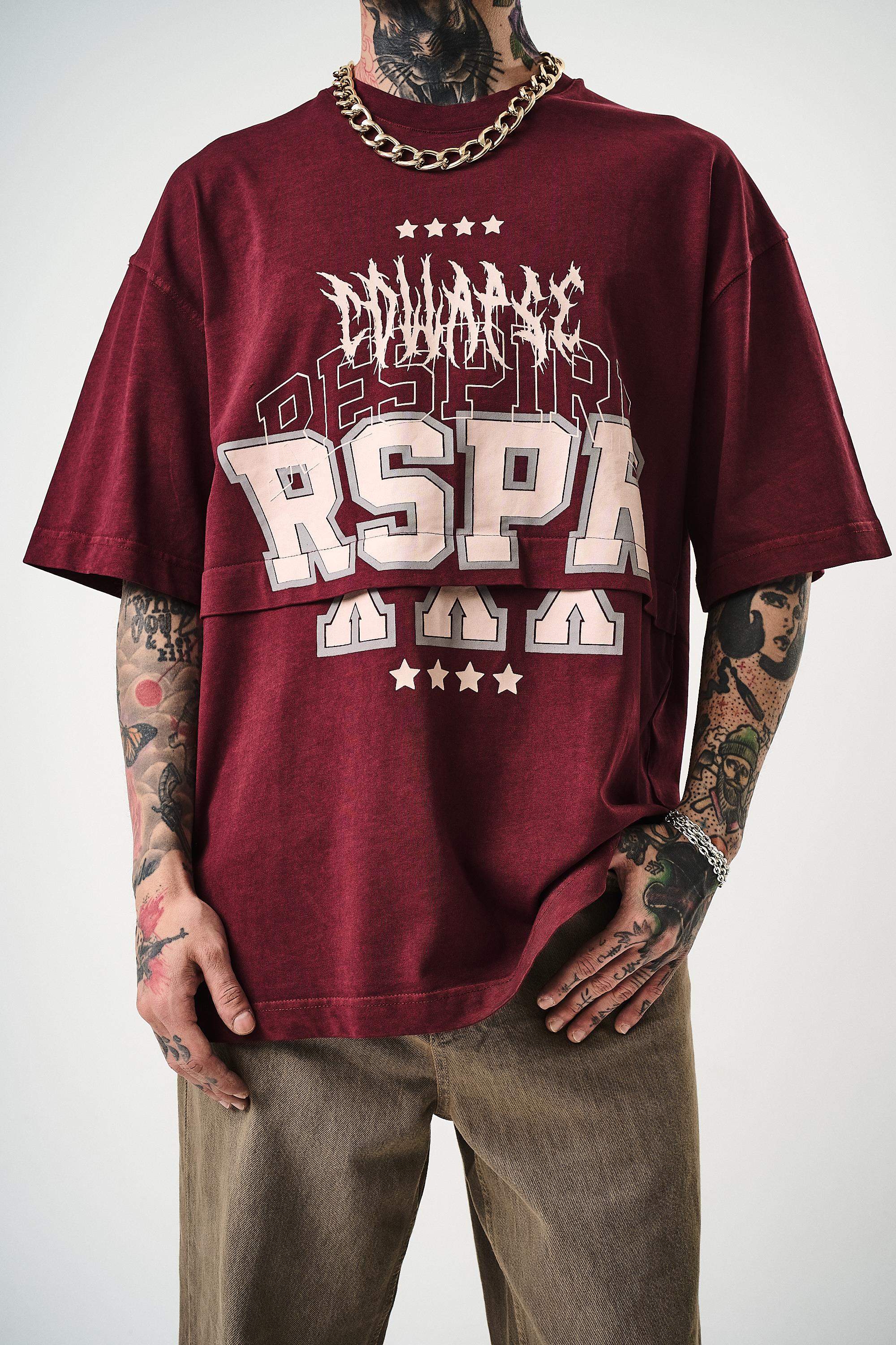 Erkek Respire Baskılı Yıkamalı Oversize T-Shirt Bordo - 4