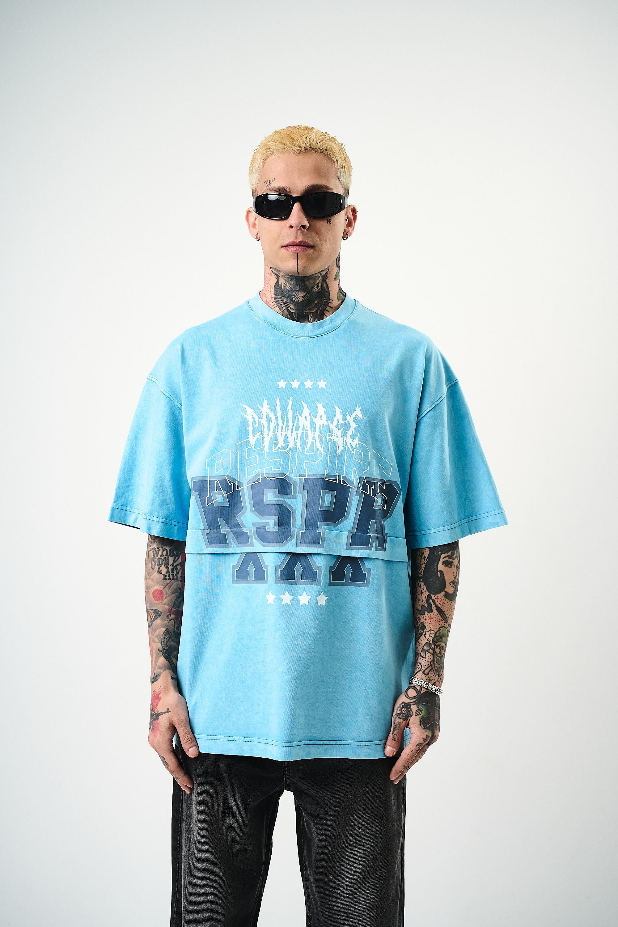 Respire Baskılı Yıkamalı Oversize T-Shirt Mavi - 0