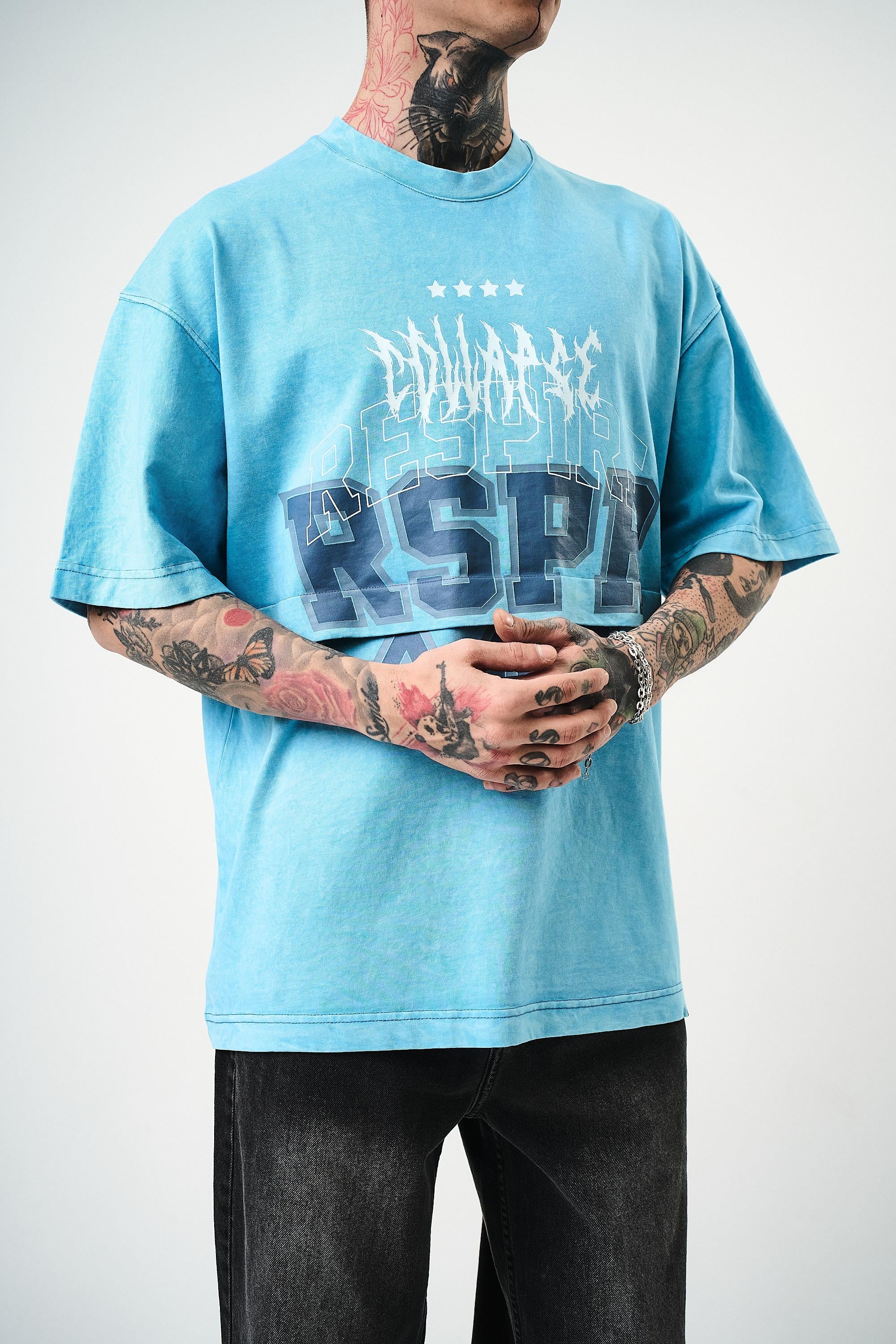 Respire Baskılı Yıkamalı Oversize T-Shirt Mavi - 4