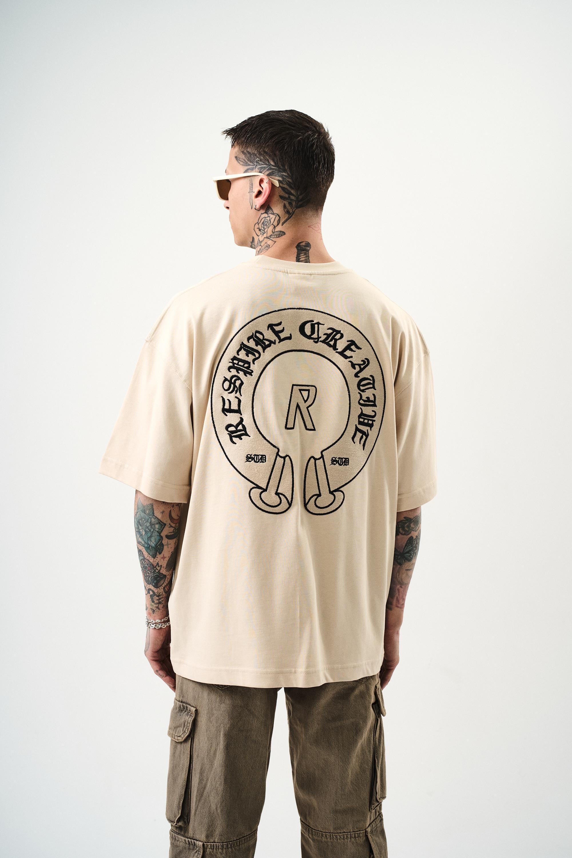 Erkek R Creative Nakışlı Oversize T-Shirt Bej - 1