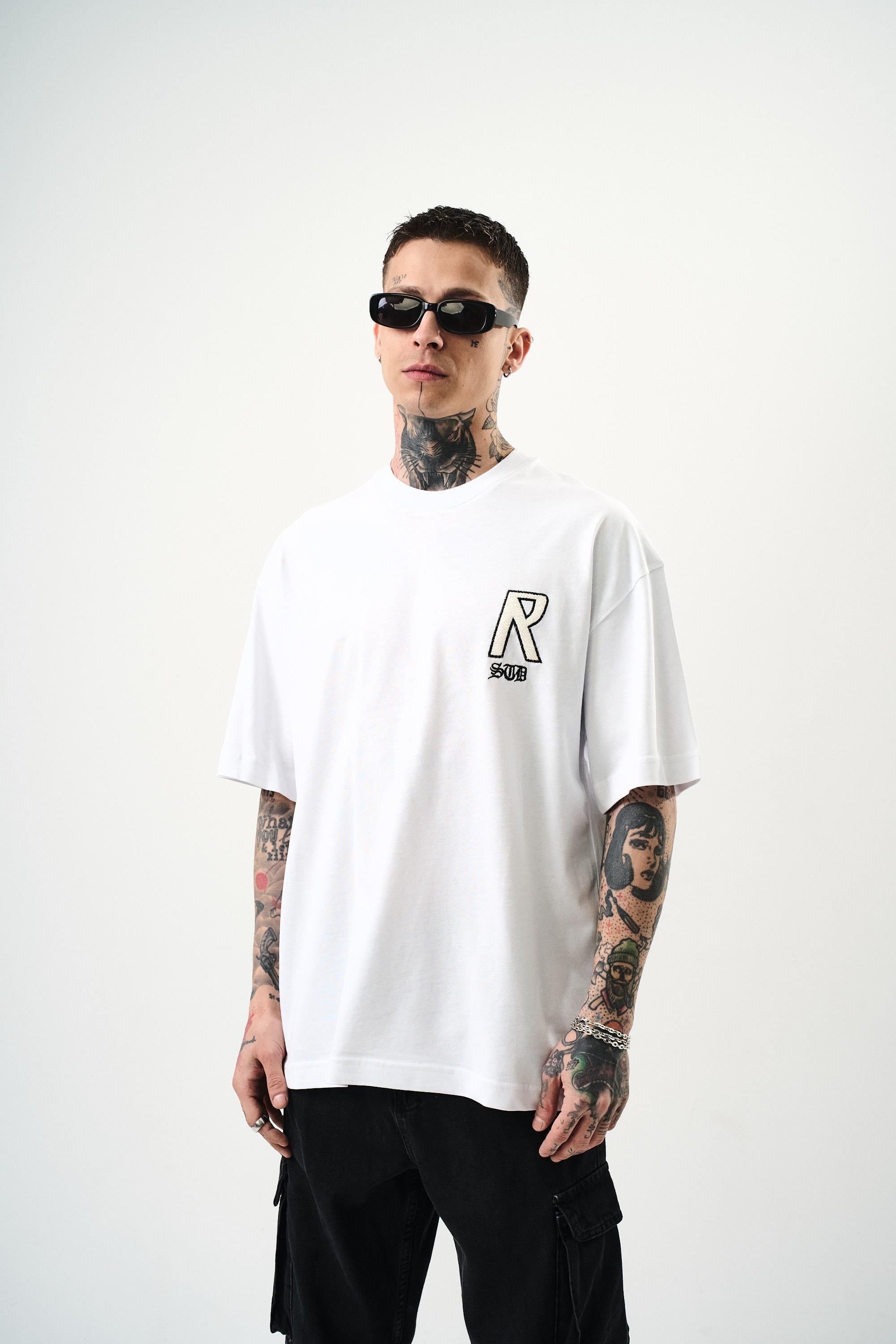 Erkek R Creative Nakışlı Oversize T-Shirt Beyaz - 0