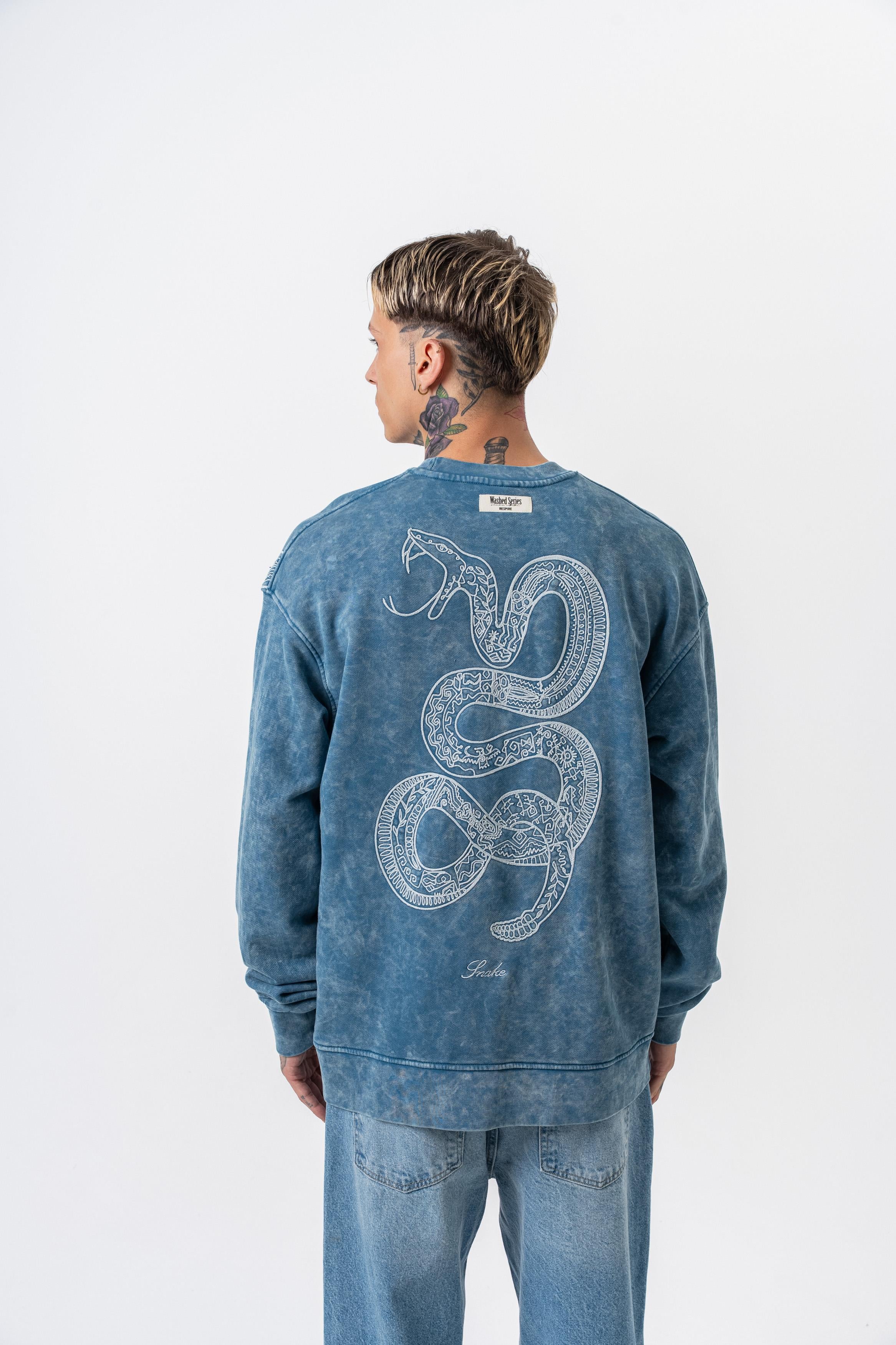 Snake Nakışlı Yıkamalı Bisiklet Yaka Oversize Sweatshirt - Petrol - 1