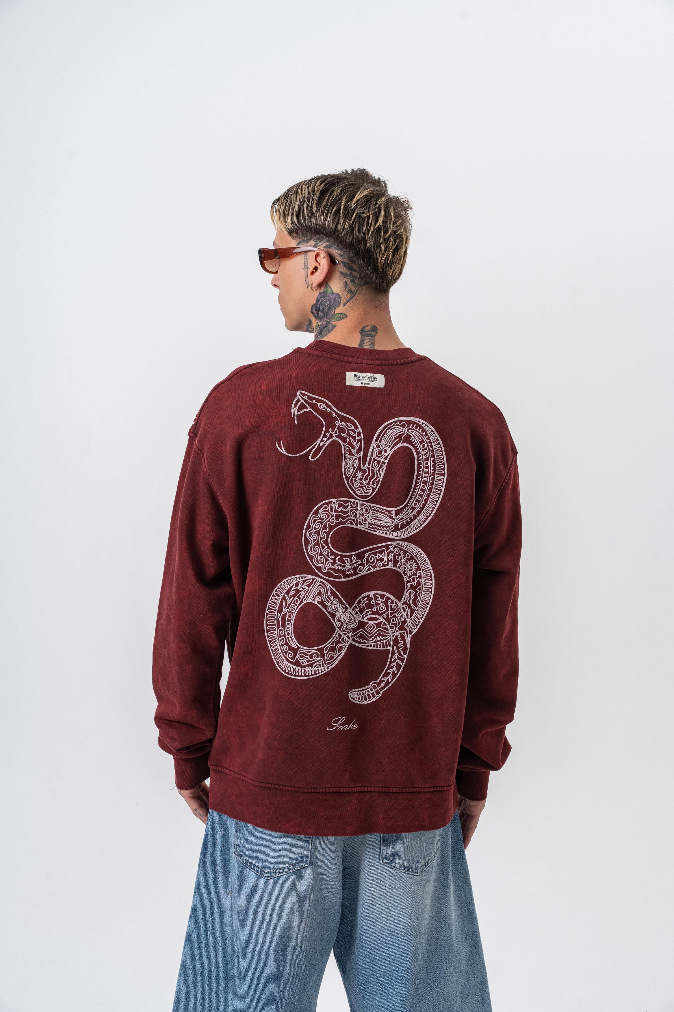 Snake Nakışlı Yıkamalı Bisiklet Yaka Oversize Sweatshirt - Bordo - 1