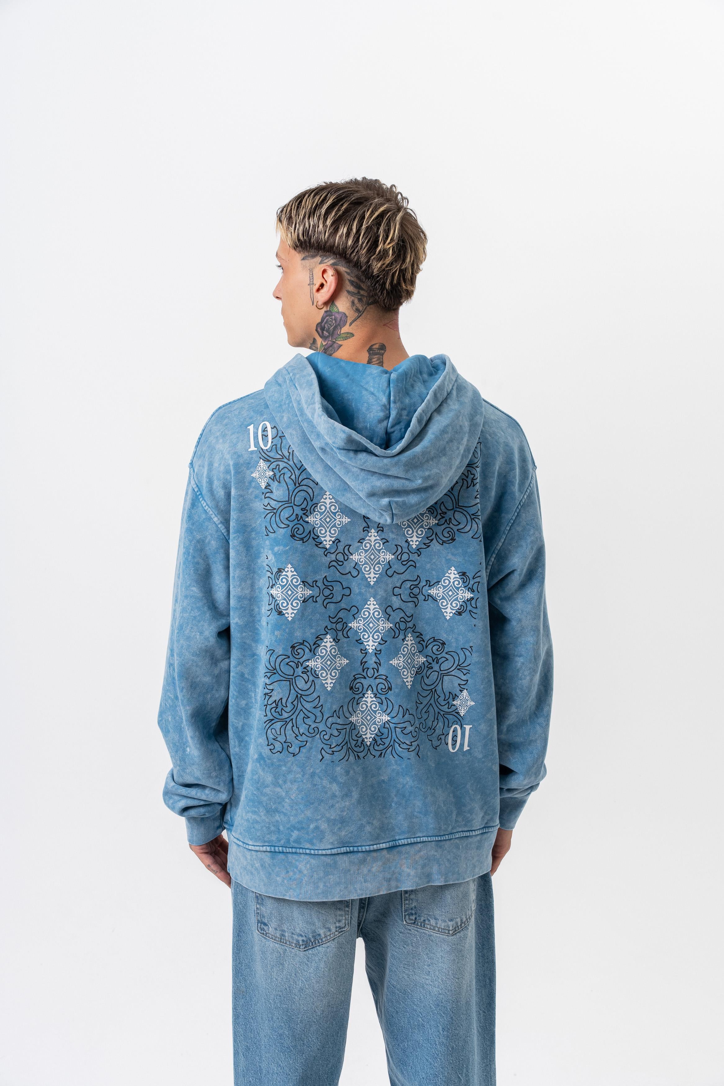 10 Baskılı Yıkamalı Kapüşonlu Oversize Hoodie - Mavi - 1