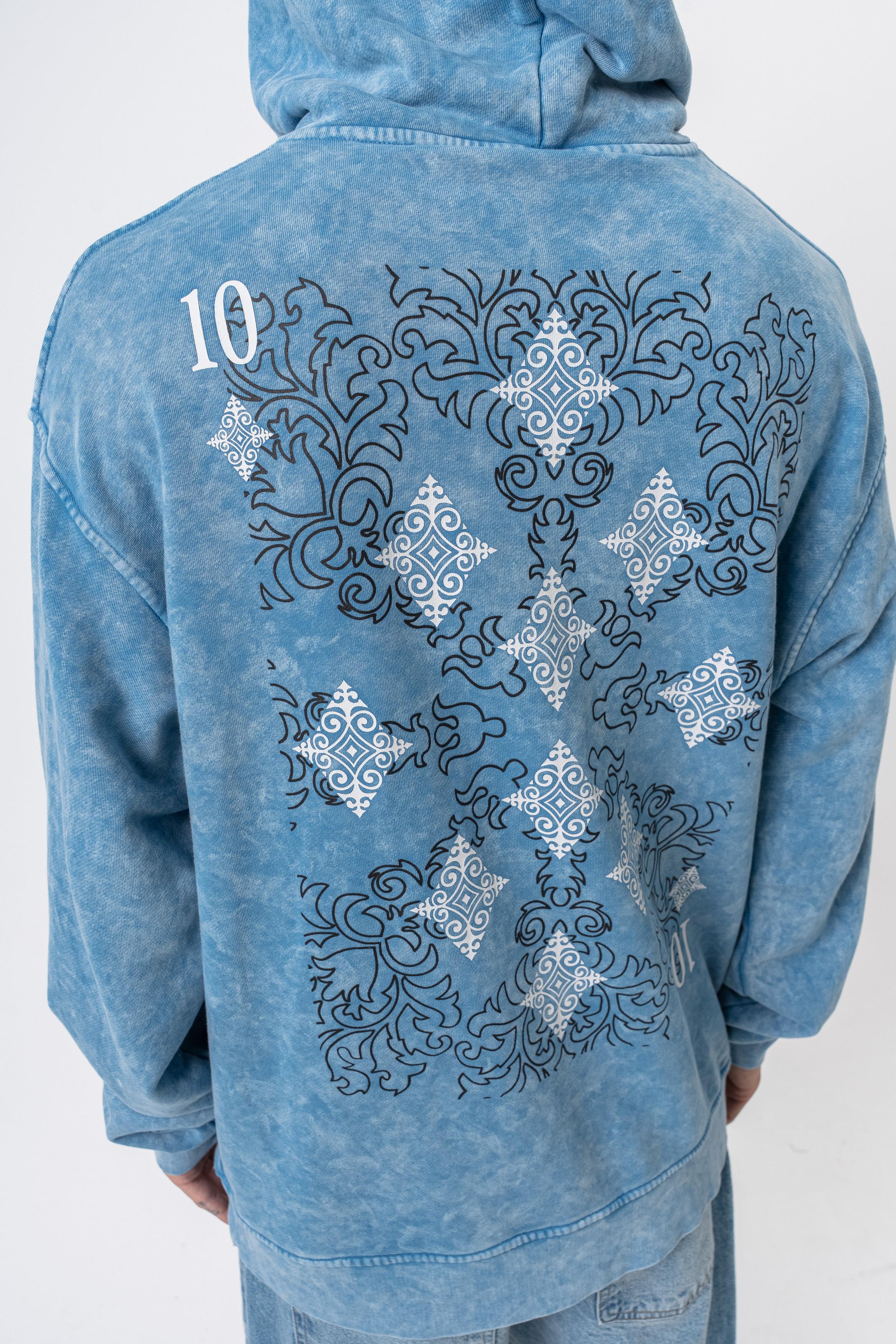10 Baskılı Yıkamalı Kapüşonlu Oversize Hoodie - Mavi - 3