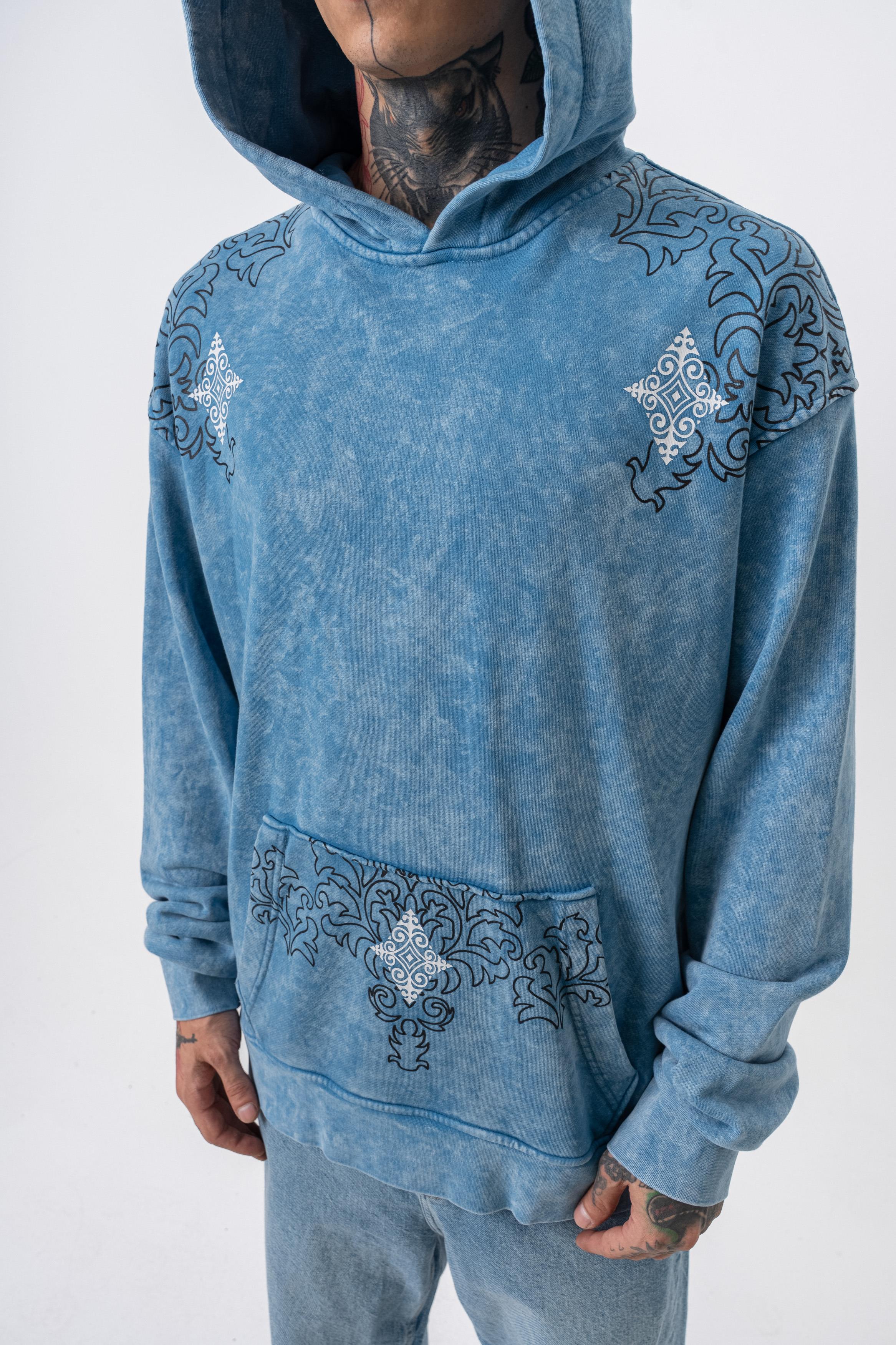 10 Baskılı Yıkamalı Kapüşonlu Oversize Hoodie - Mavi - 4