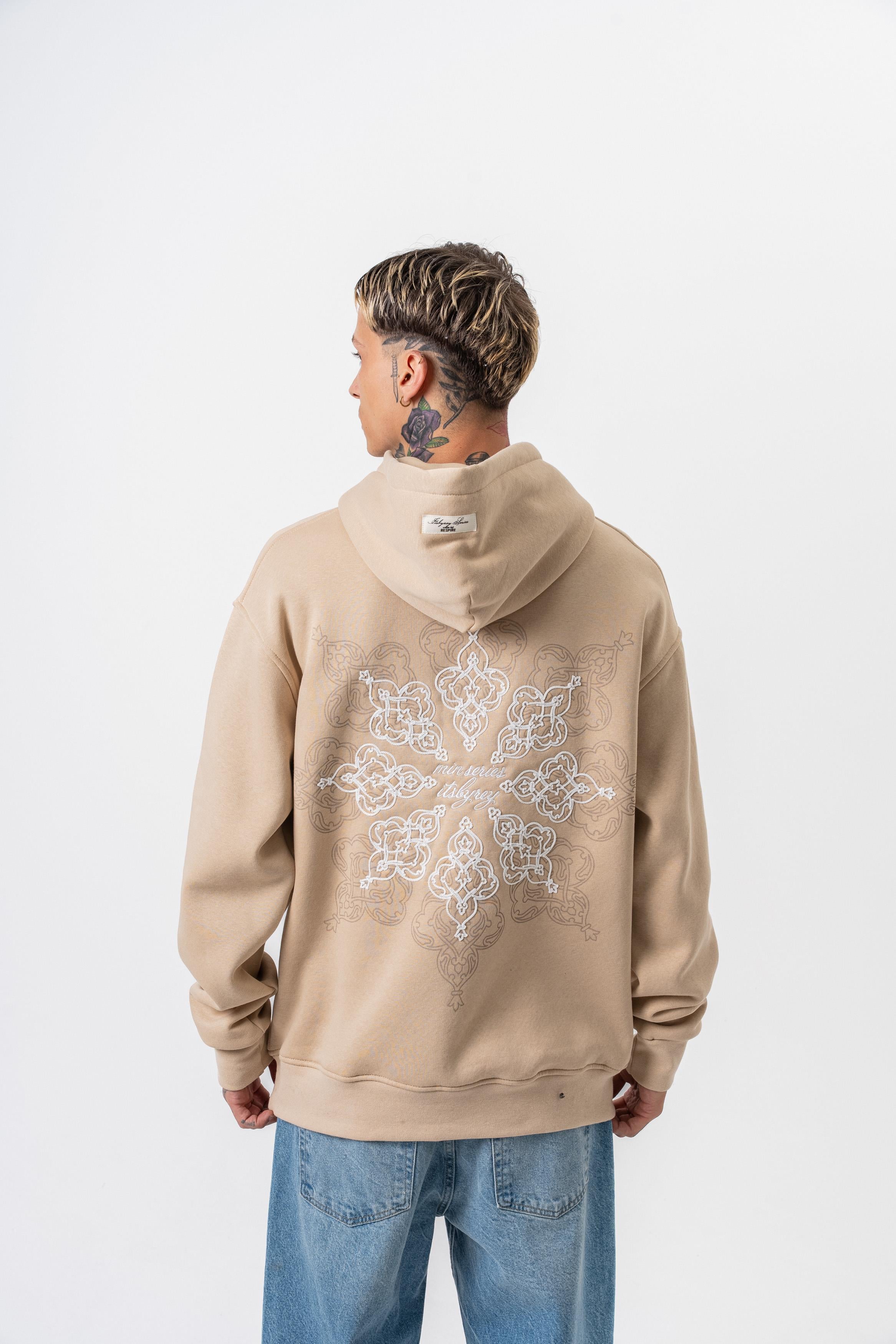 Erkek Itsbyzey Nakışlı Kapüşonlu Oversize Hoodie Bej - 1