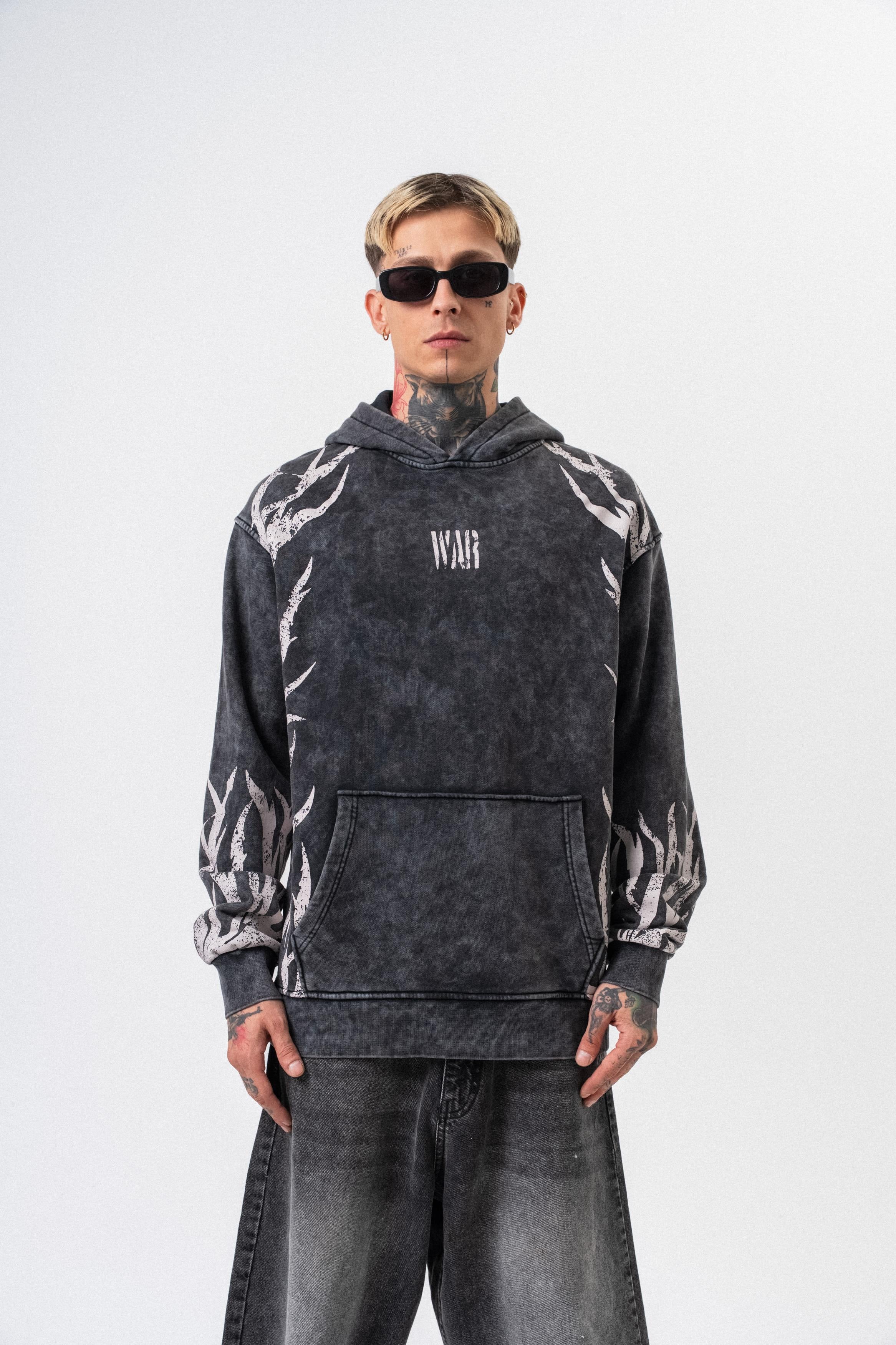 Erkek War Baskılı Yıkamalı Kapüşonlu Oversize Hoodie Siyah - 0