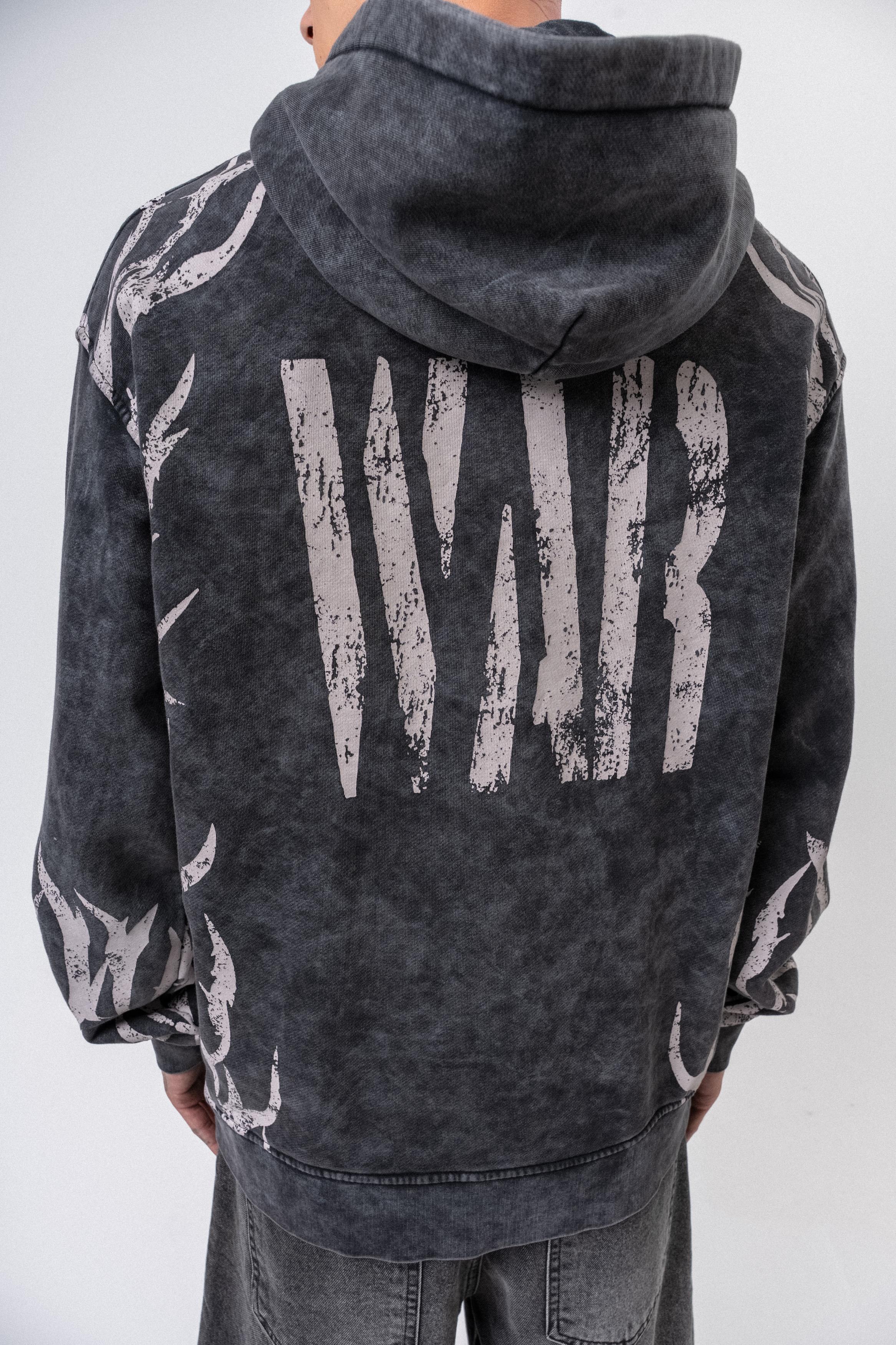 Erkek War Baskılı Yıkamalı Kapüşonlu Oversize Hoodie Siyah - 3
