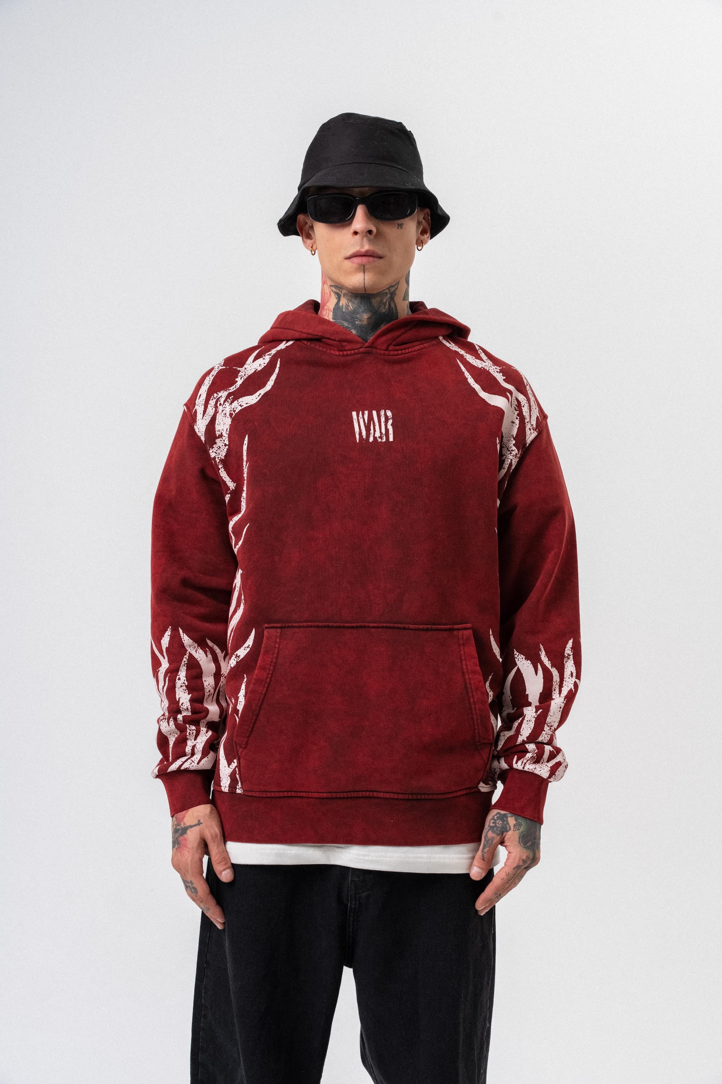 Erkek War Baskılı Yıkamalı Kapüşonlu Oversize Hoodie Bordo - 0