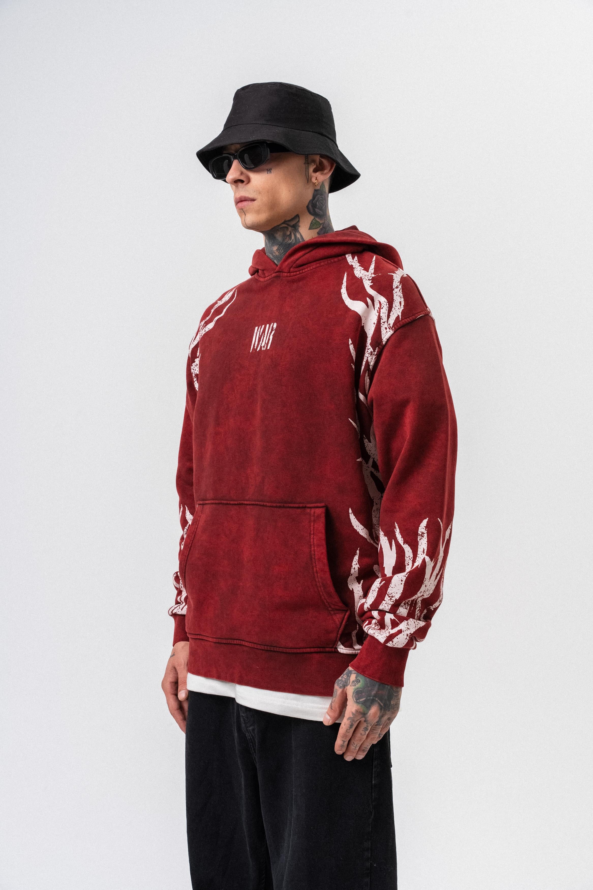 Erkek War Baskılı Yıkamalı Kapüşonlu Oversize Hoodie Bordo - 2