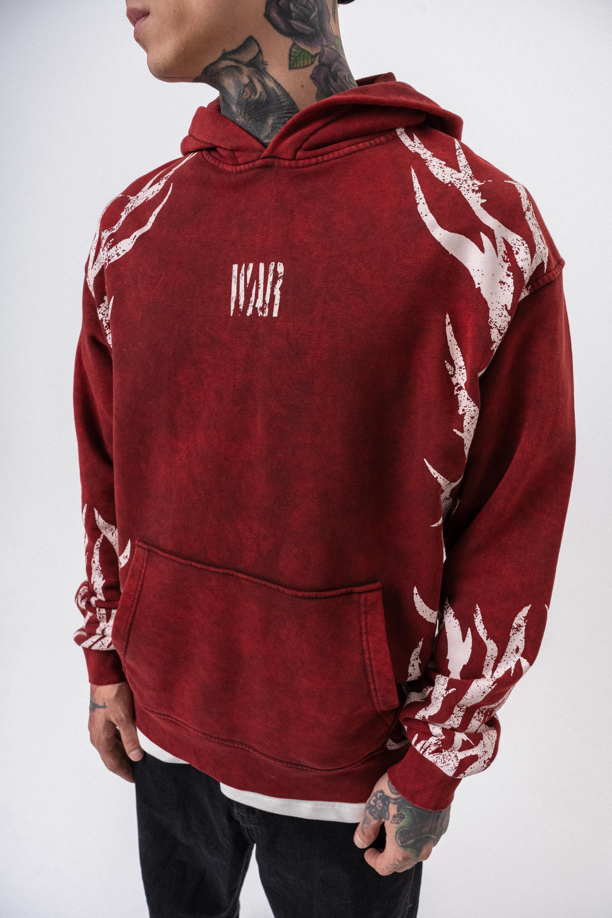 Erkek War Baskılı Yıkamalı Kapüşonlu Oversize Hoodie Bordo - 3