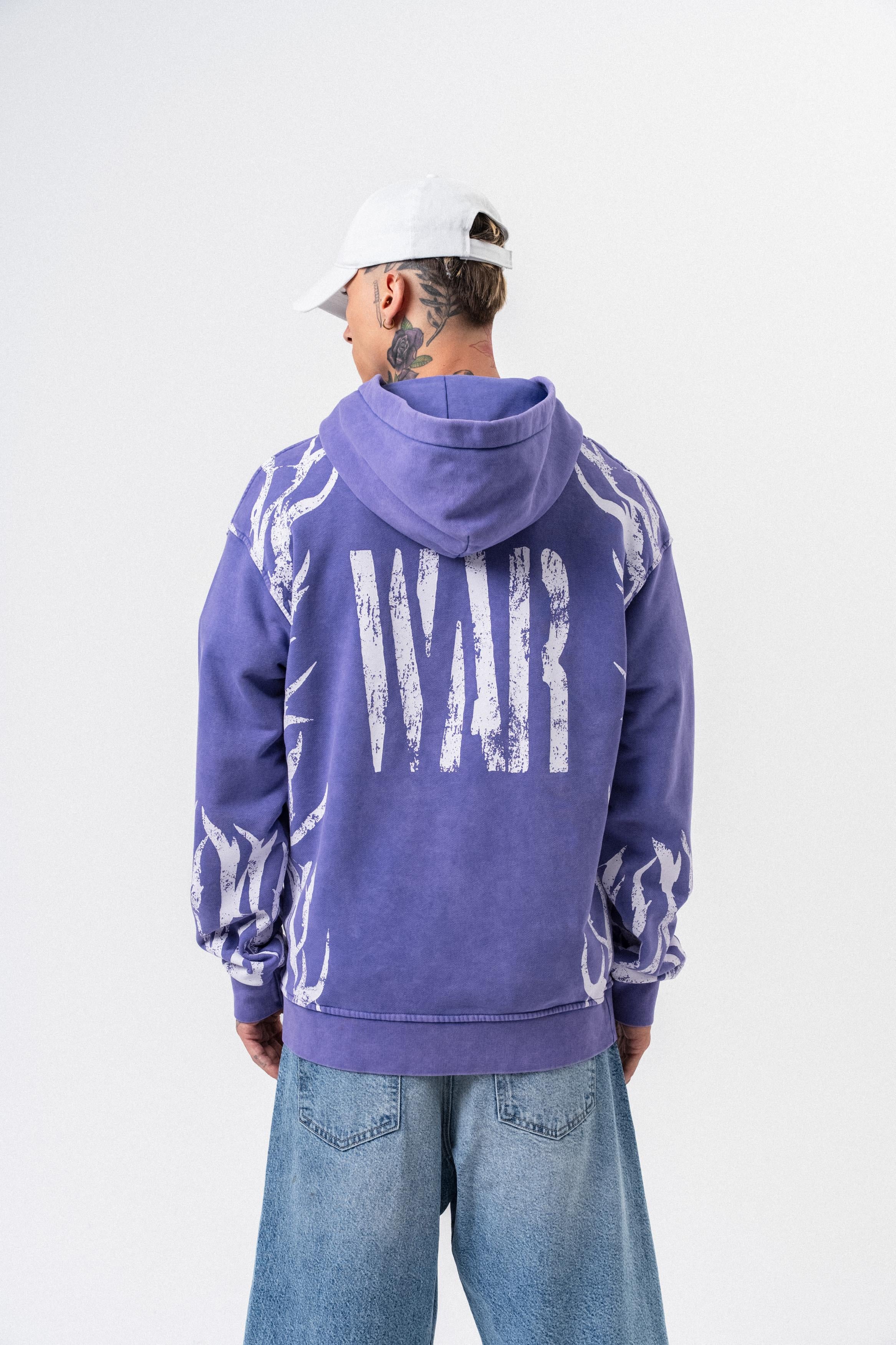 Erkek War Baskılı Yıkamalı Kapüşonlu Oversize Hoodie Mor - 1
