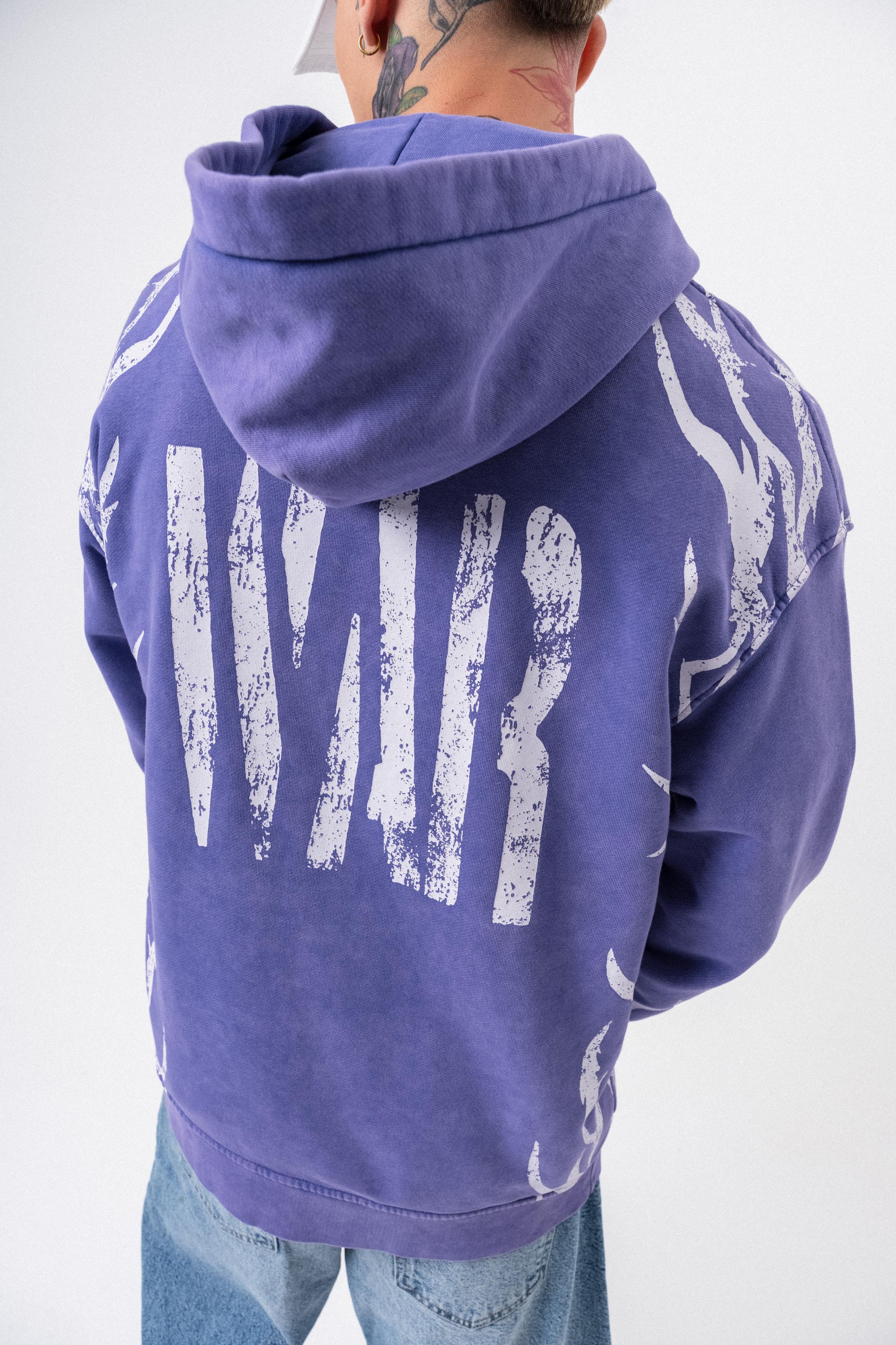 Erkek War Baskılı Yıkamalı Kapüşonlu Oversize Hoodie Mor - 4