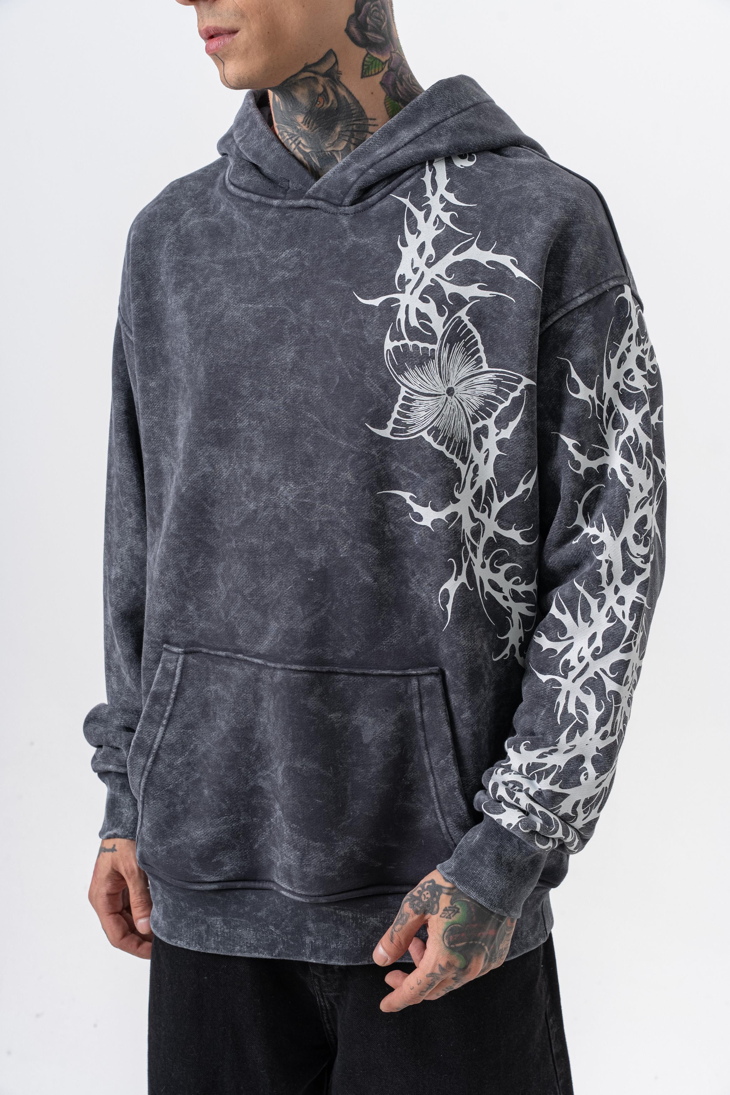 Erkek Far From Basic Baskılı Yıkamalı Kapüşonlu Oversize Hoodie Siyah - 3