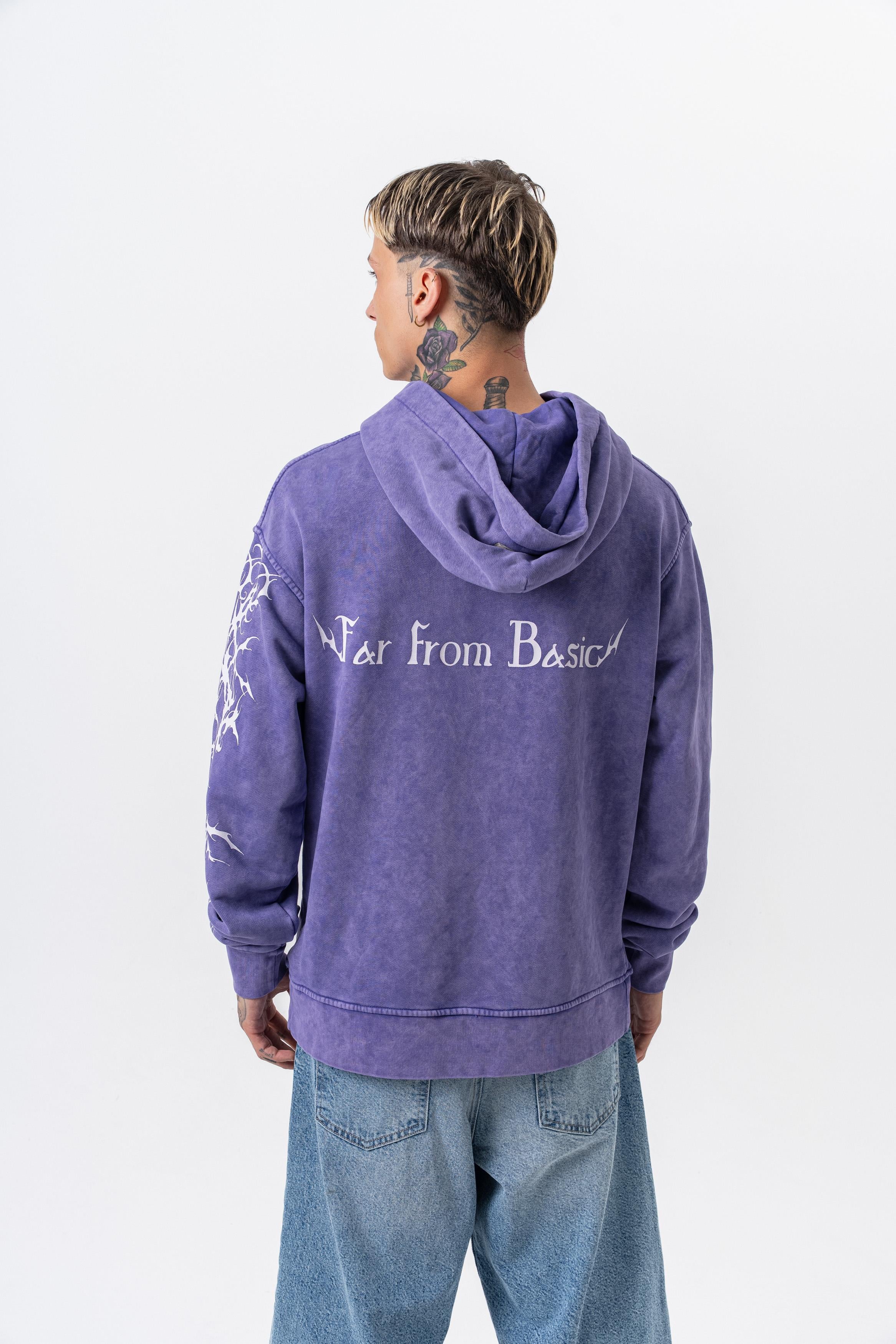 Erkek Far From Basic Baskılı Yıkamalı Kapüşonlu Oversize Hoodie Mor - 1