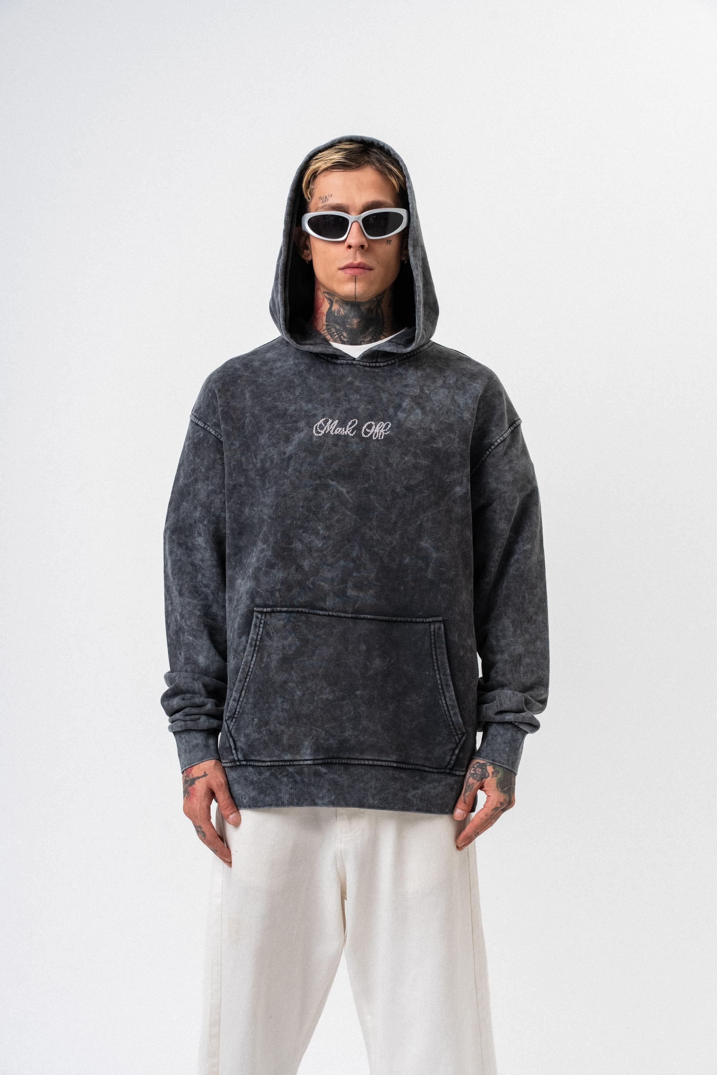 Erkek Mask Off Baskılı Yıkamalı Kapüşonlu Oversize Hoodie Siyah - 0