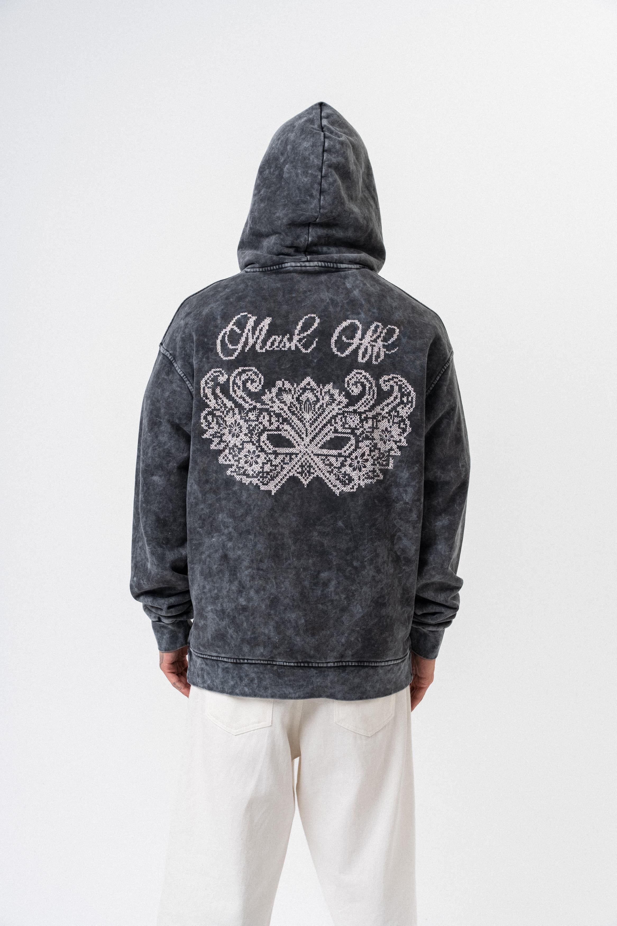 Erkek Mask Off Baskılı Yıkamalı Kapüşonlu Oversize Hoodie Siyah - 1