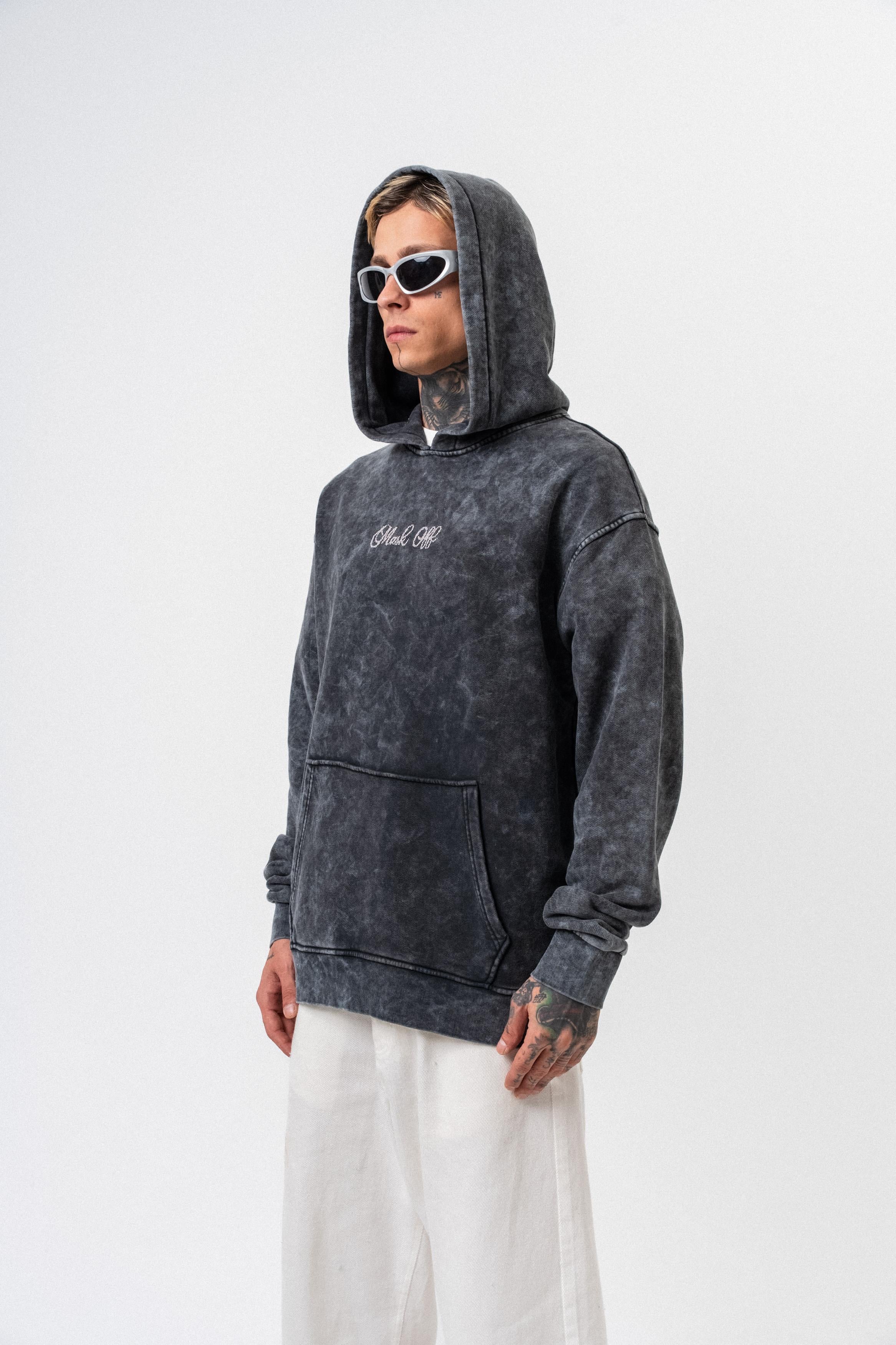 Erkek Mask Off Baskılı Yıkamalı Kapüşonlu Oversize Hoodie Siyah - 2