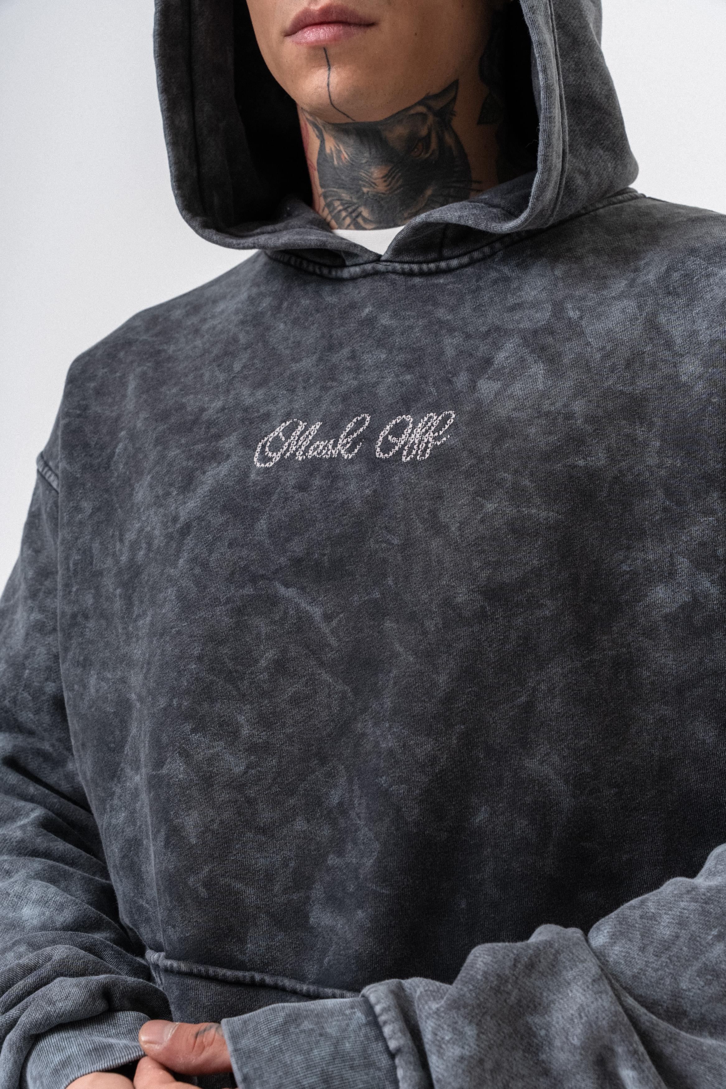 Erkek Mask Off Baskılı Yıkamalı Kapüşonlu Oversize Hoodie Siyah - 3