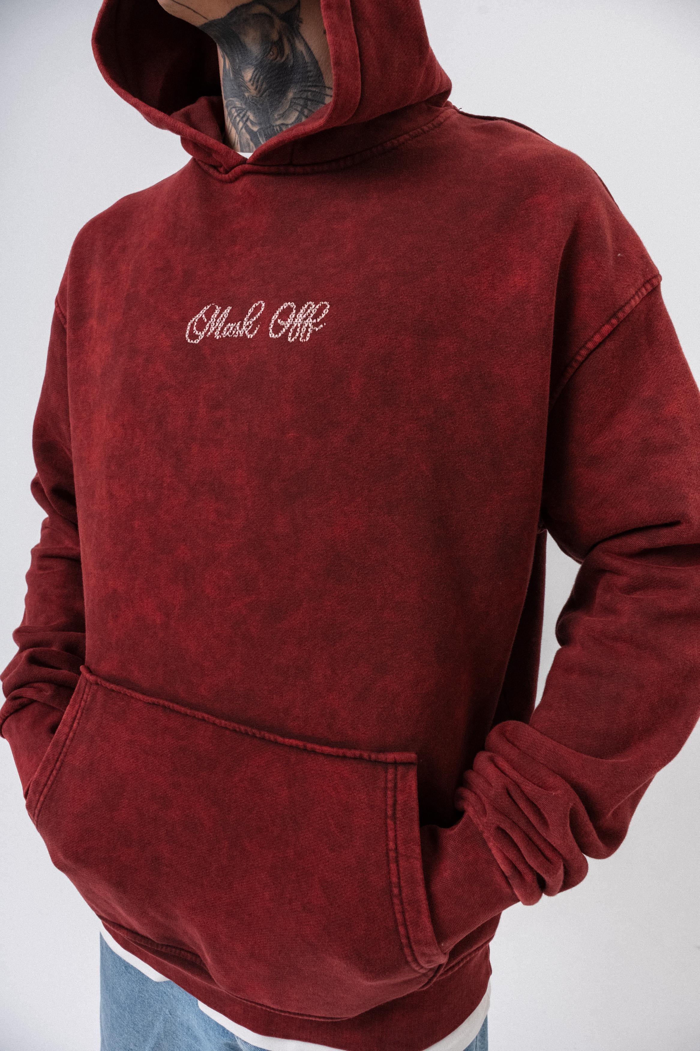 Erkek Mask Off Baskılı Yıkamalı Kapüşonlu Oversize Hoodie Bordo - 3