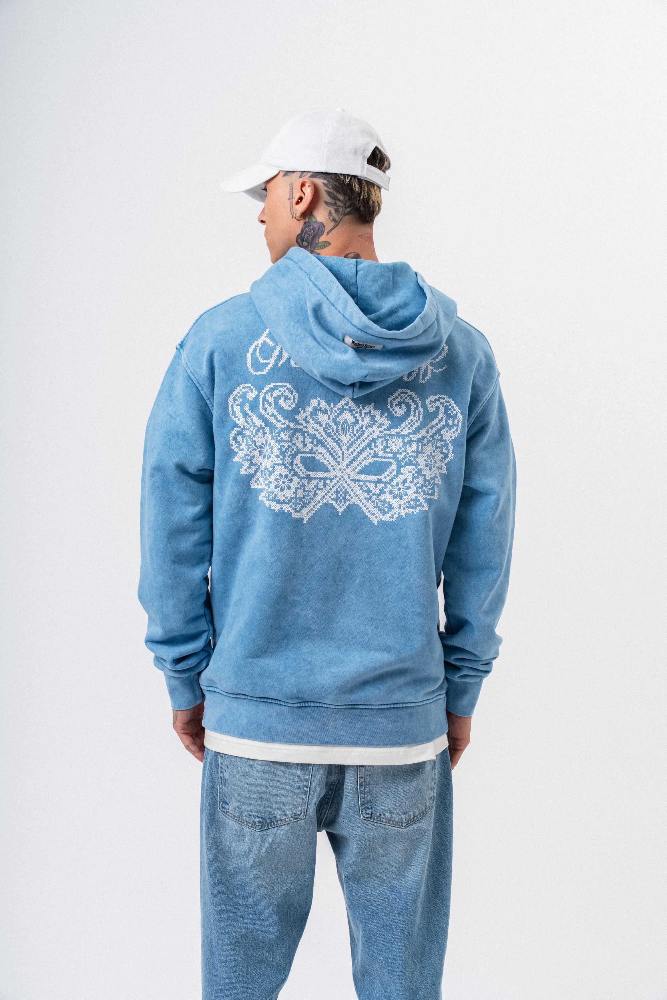 Erkek Mask Off Baskılı Yıkamalı Kapüşonlu Oversize Hoodie Mavi - 1