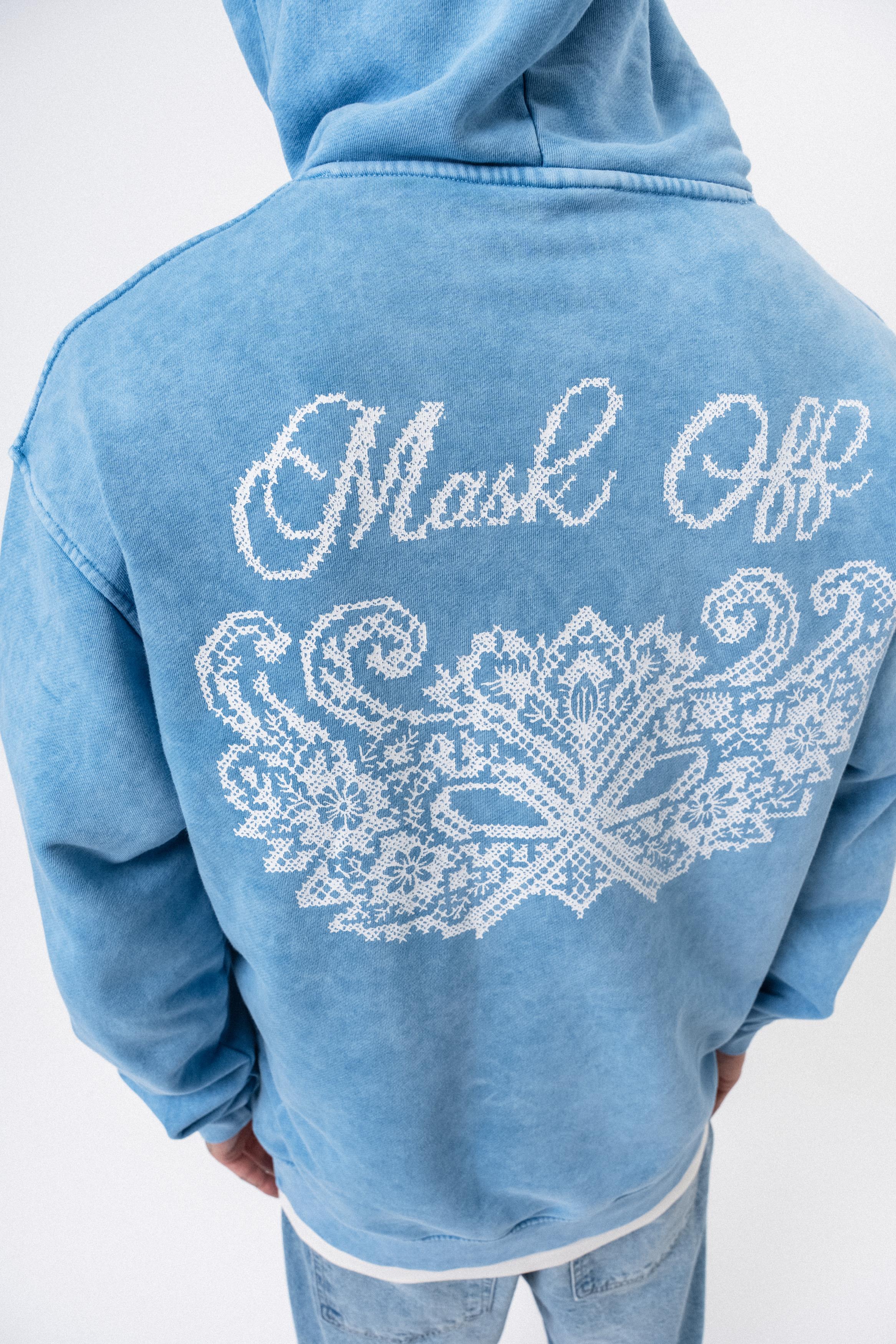 Erkek Mask Off Baskılı Yıkamalı Kapüşonlu Oversize Hoodie Mavi - 4