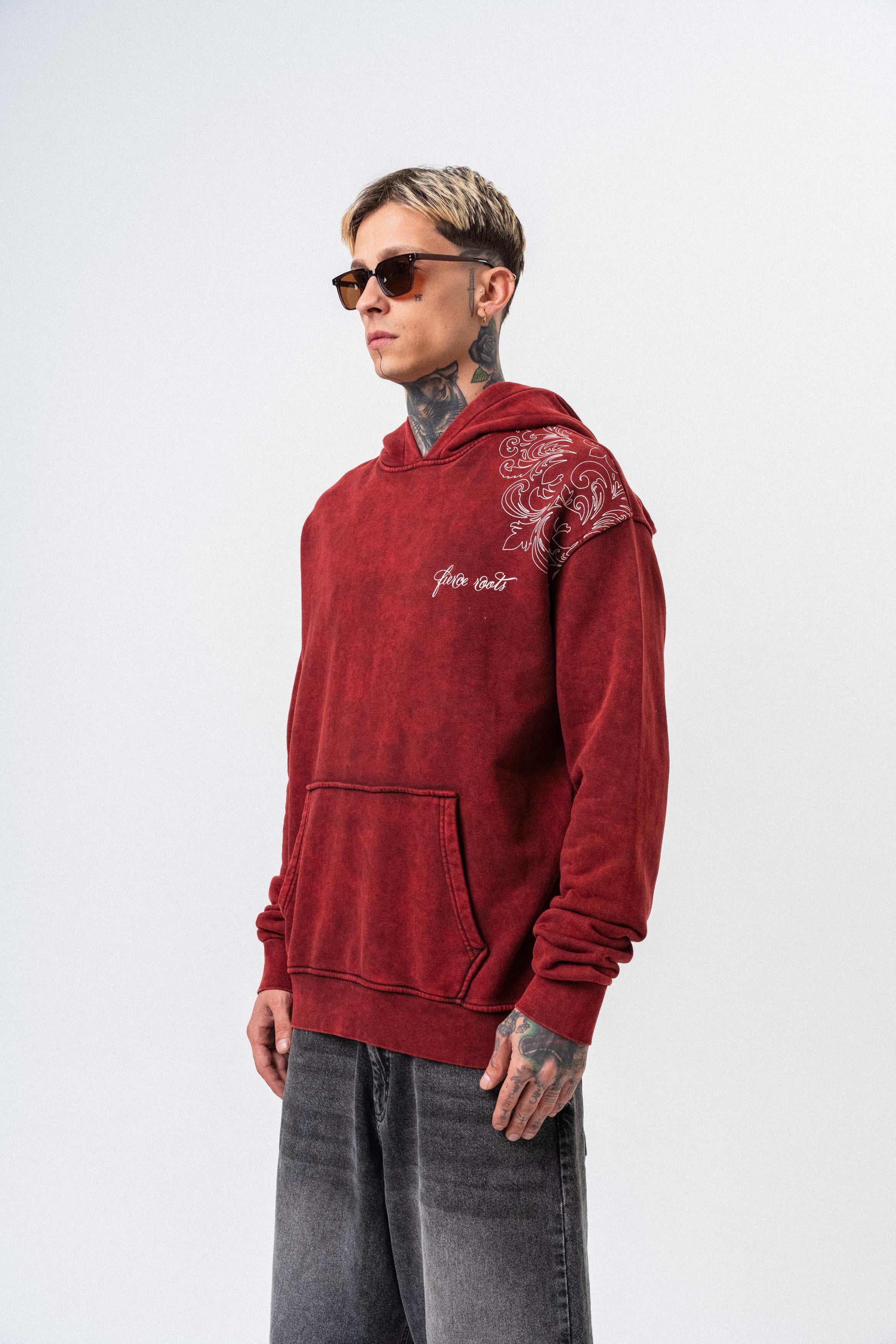 Fierce Baskılı Yıkamalı Kapüşonlu Oversize Hoodie - Bordo - 2