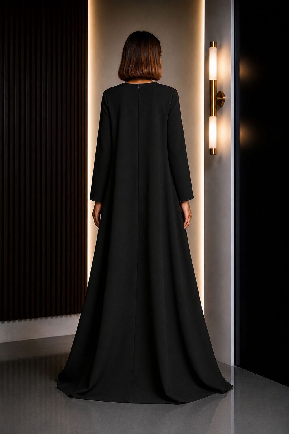 V-Yakalı & Astarlı Oversize Maxi Siyah Krep Abaya Elbise - 1