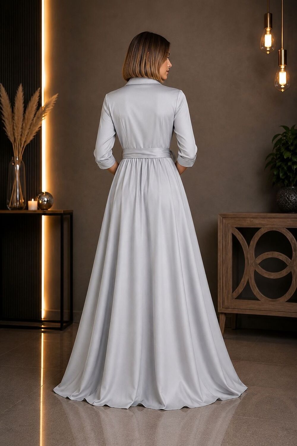 Önden Taşlı Düğmeli & Kuşaklı İnce Soft Gri Tafta Maxi Gömlek Elbise - 1