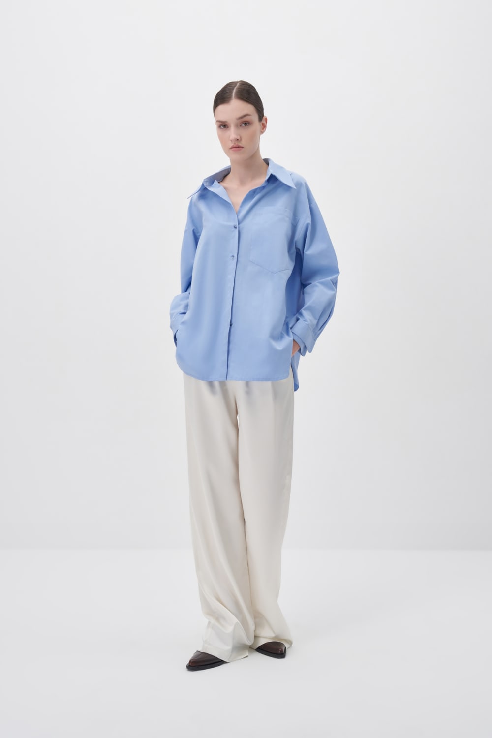 Taş İşlemeli Mavi Oversize Gömlek - 3