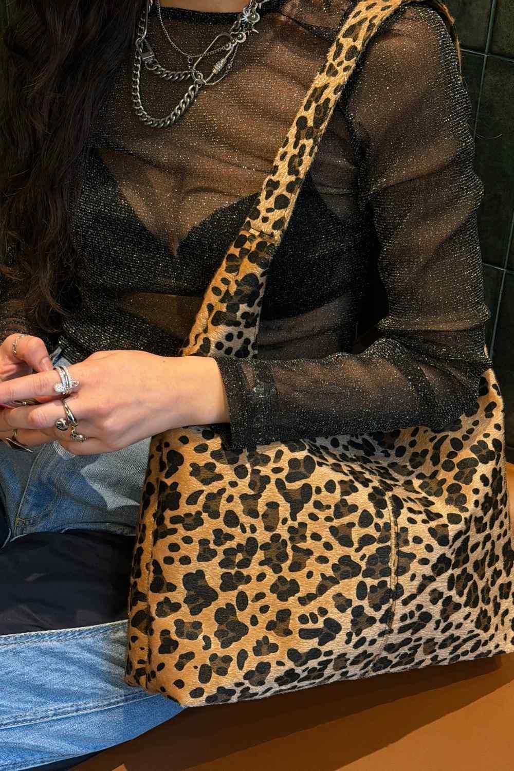 Coquette - Leopard, Leopar Desenli Omuz Çantası, Büyük Boy, Geniş Hacimli - 1