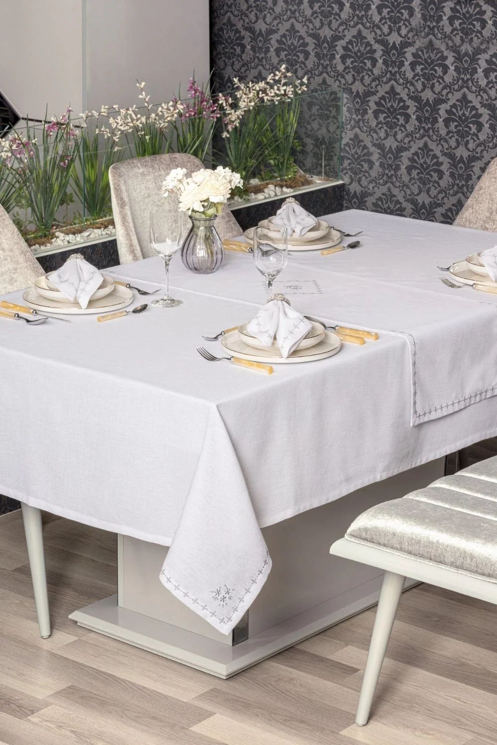 Keten Masa Örtüsü Takımı Pera Beyaz 175x240 - 0