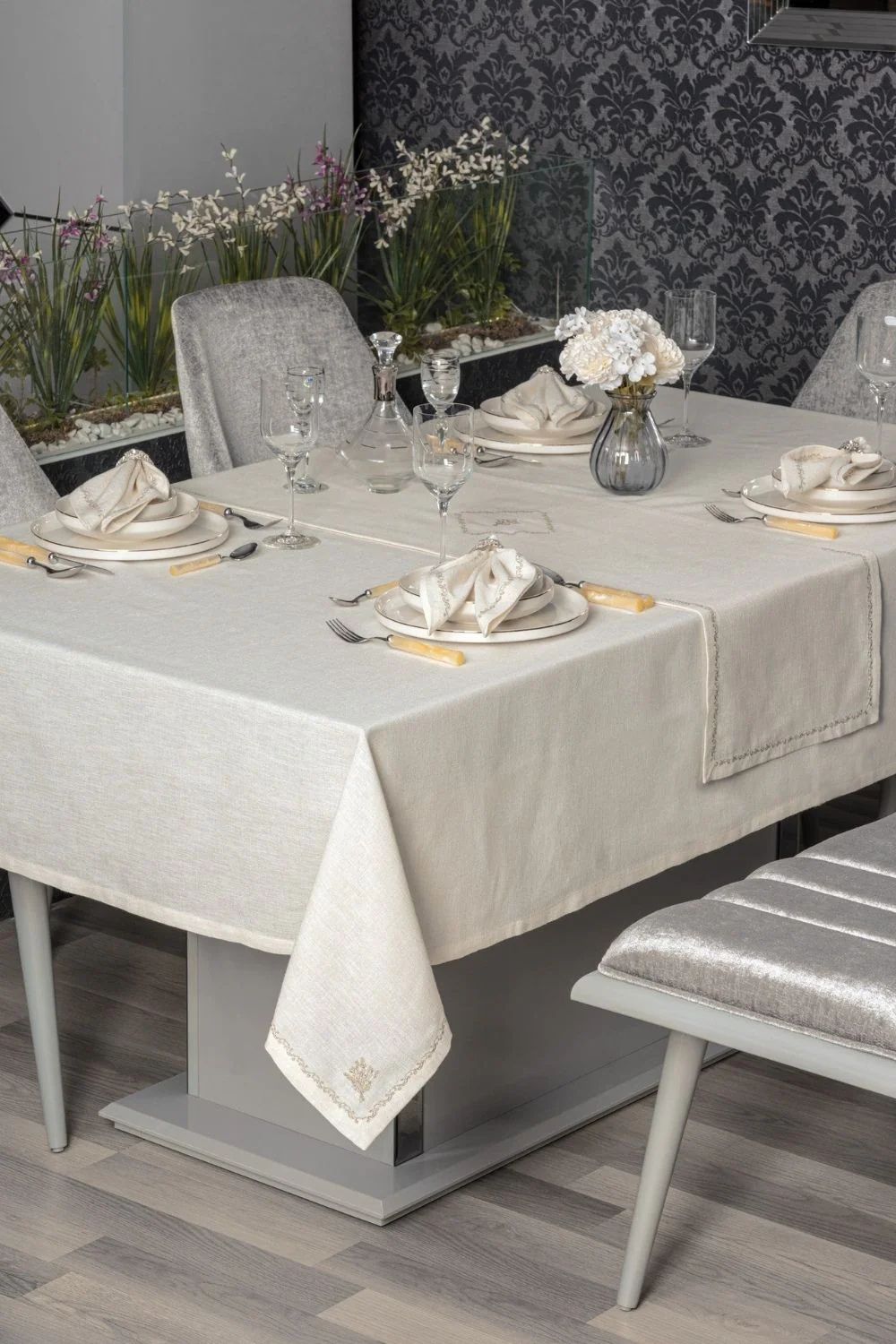 Keten Masa Örtüsü Takımı Pera Ekru 175x240 - 0