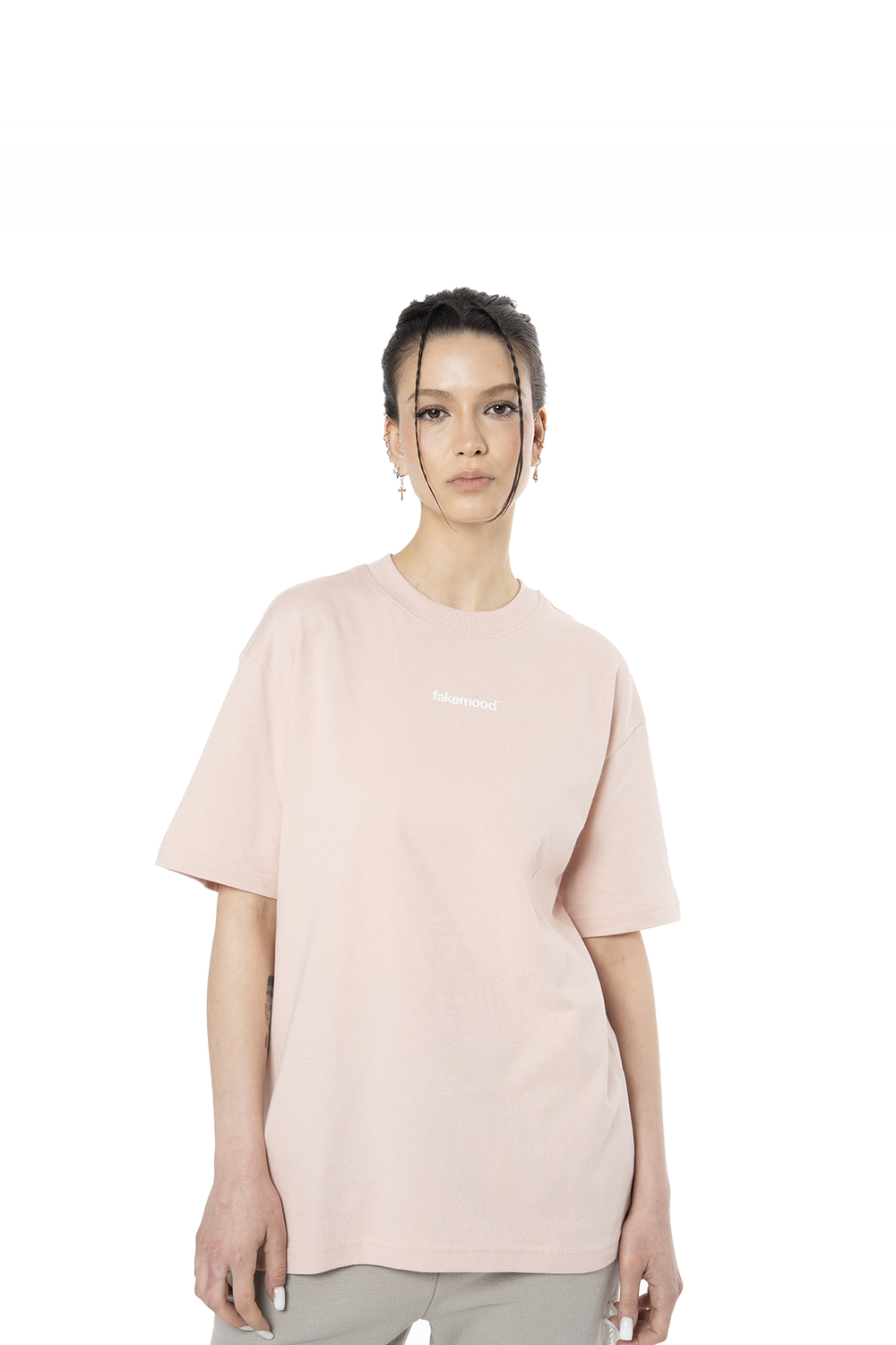 Kadın Oversize Basic Baskılı Tişört - Açık Pembe - 2