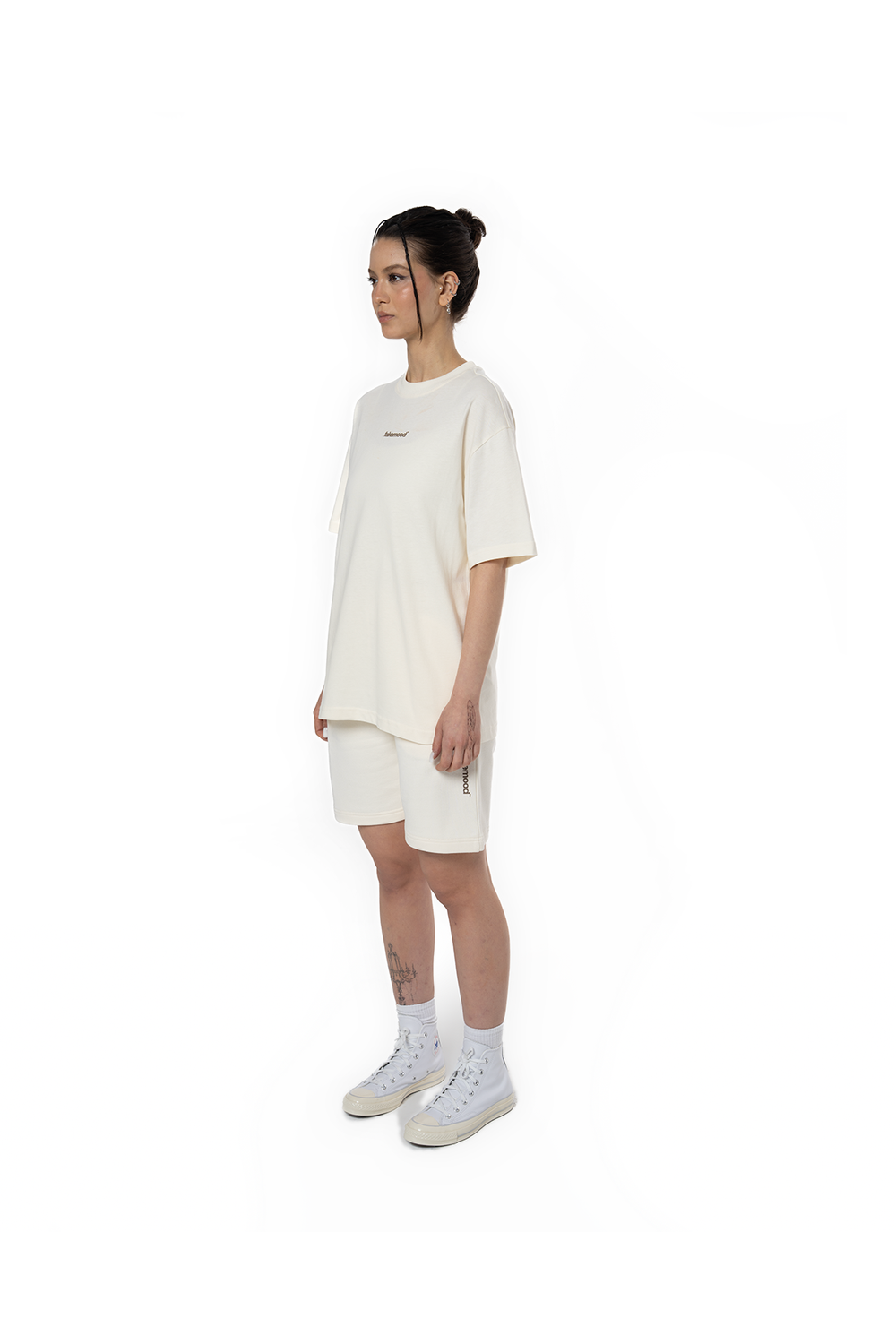 Kadın Oversize Basic Baskılı Tişört - Ekru - 1