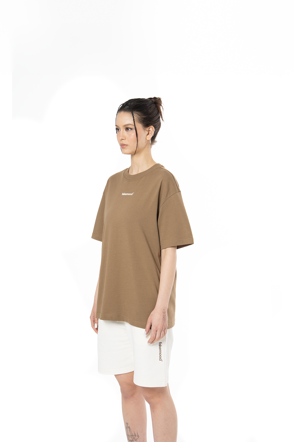 Kadın Oversize Basic Baskılı Tişört - Kahverengi - 1