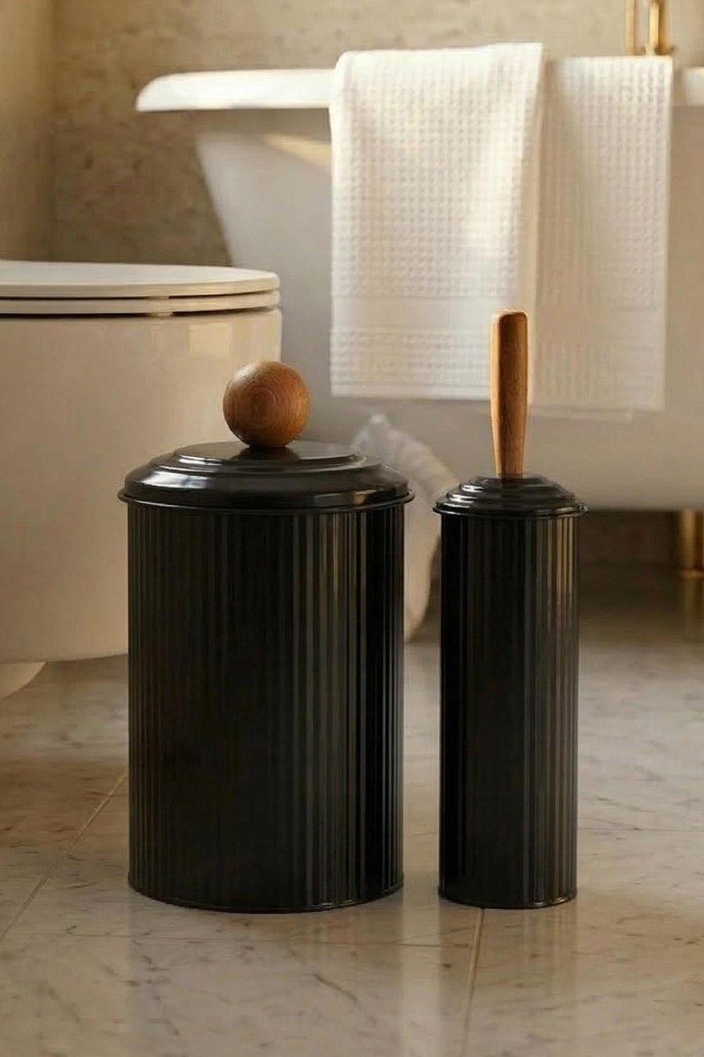 Stripe Çöp Kovası Ve Tuvalet Fırçası Banyo Seti, Siyah - 0