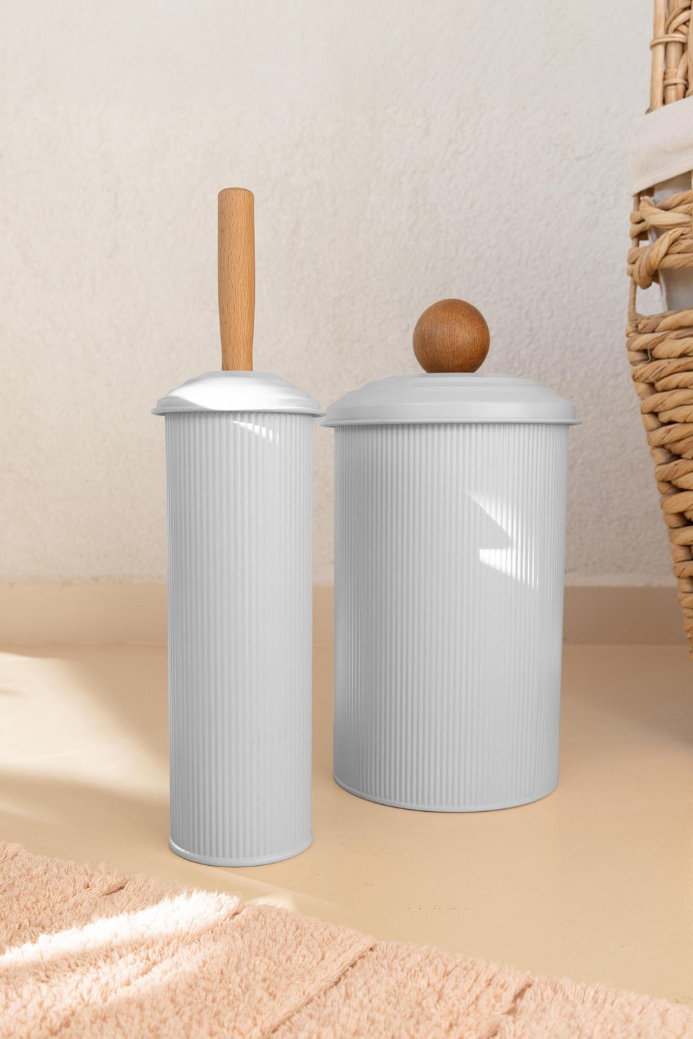 Stripe Çöp Kovası Ve Tuvalet Fırçası Banyo Seti, Beyaz - 0