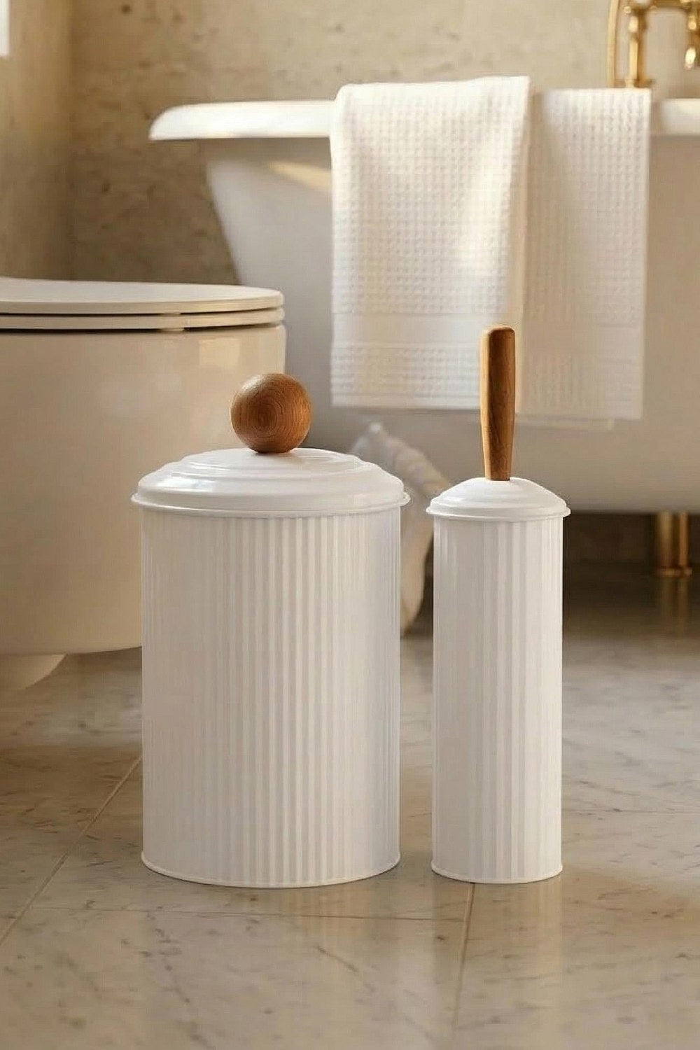 Stripe Çöp Kovası Ve Tuvalet Fırçası Banyo Seti, Beyaz - 2